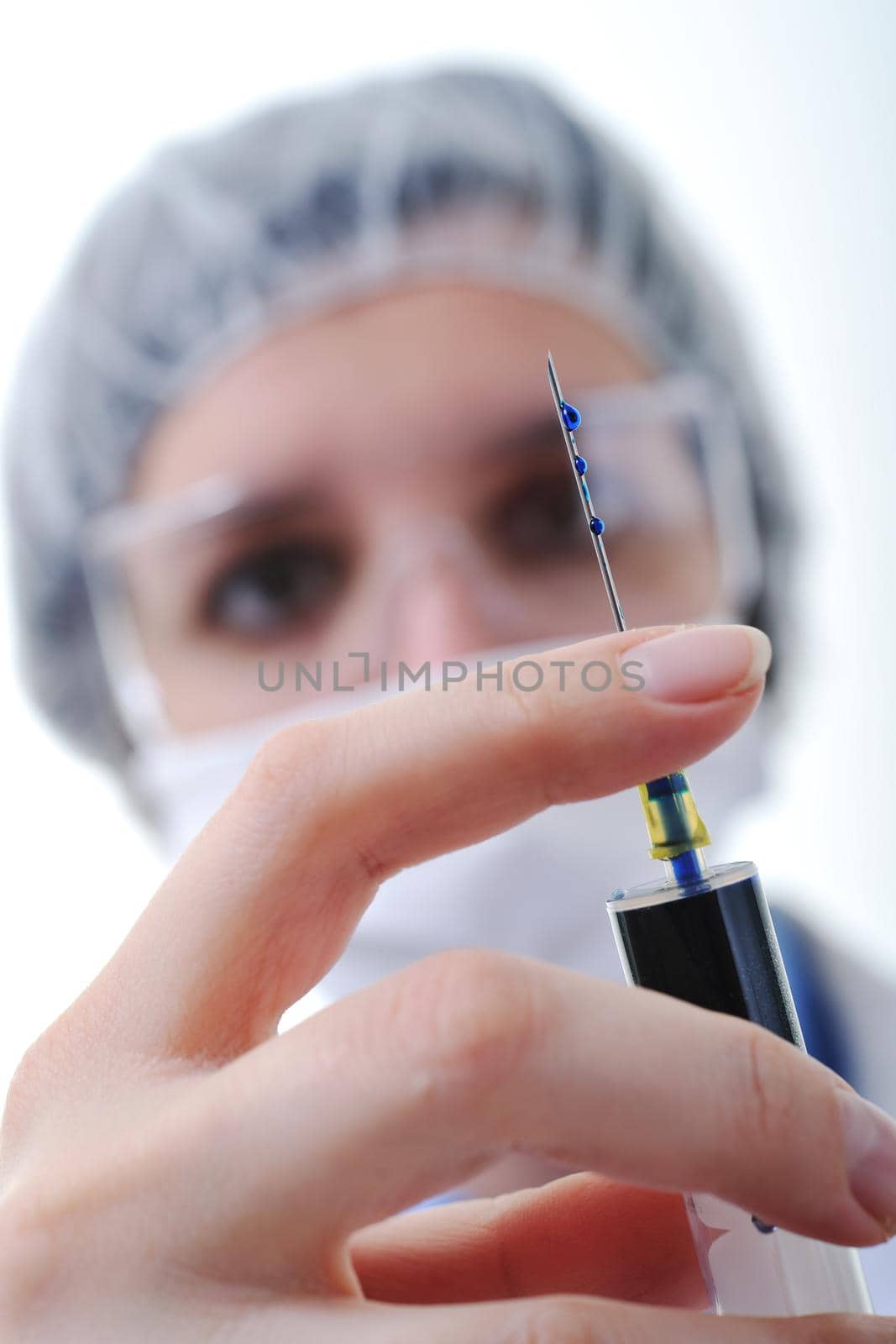 injection macro closeup with nurse doctor woman  isolated on white