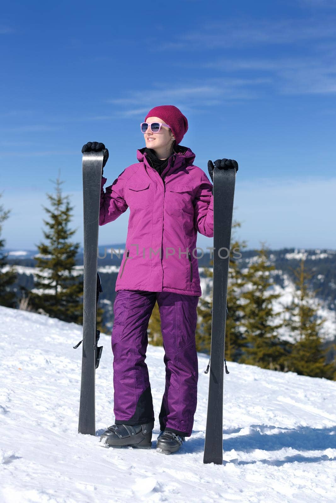 winter woman ski sport fun travel snow