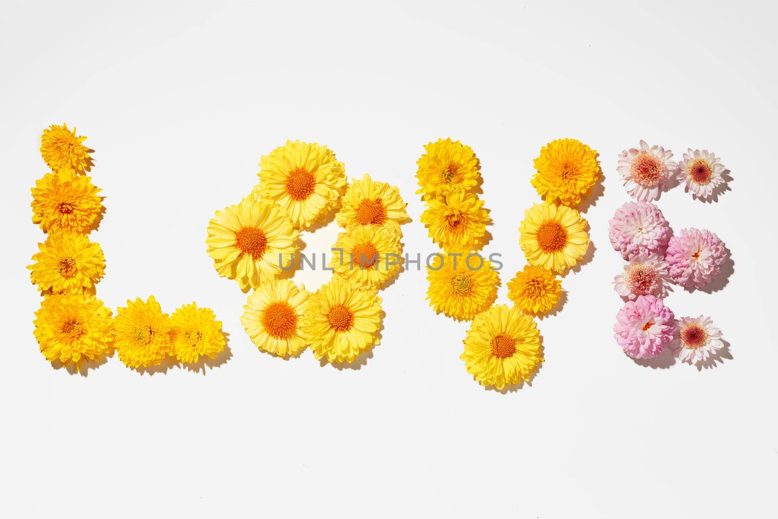 Word love lay out of flower buds on gray background top view