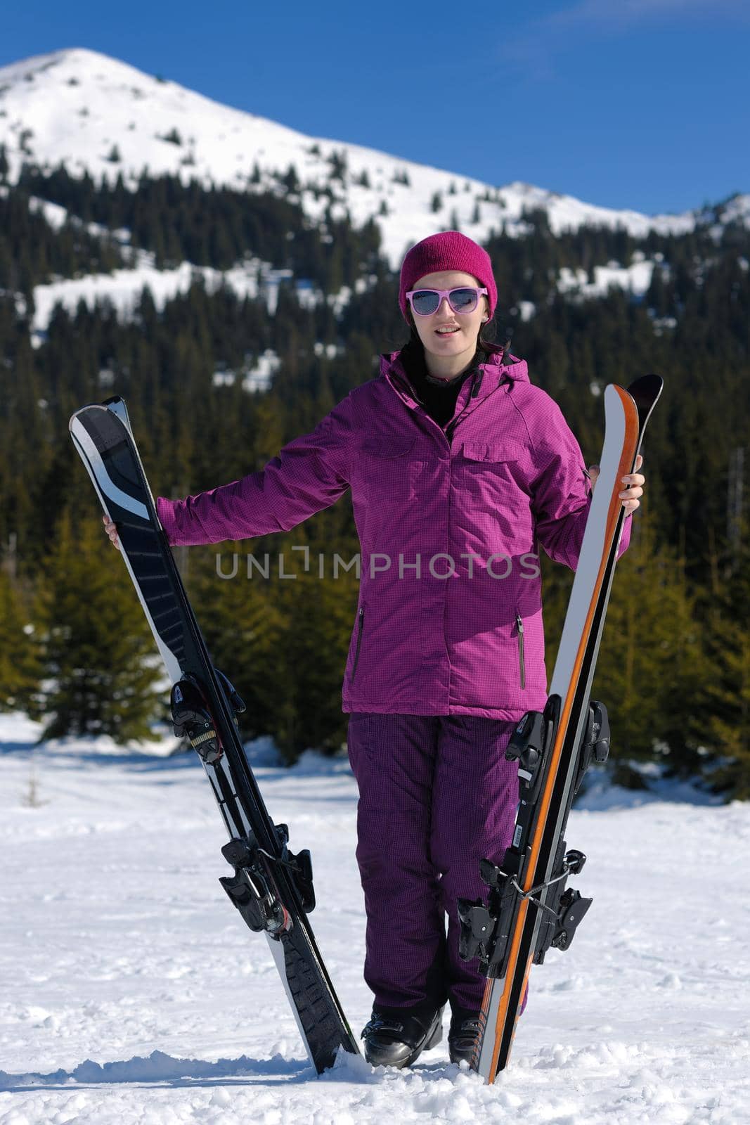 winter woman ski sport fun travel snow