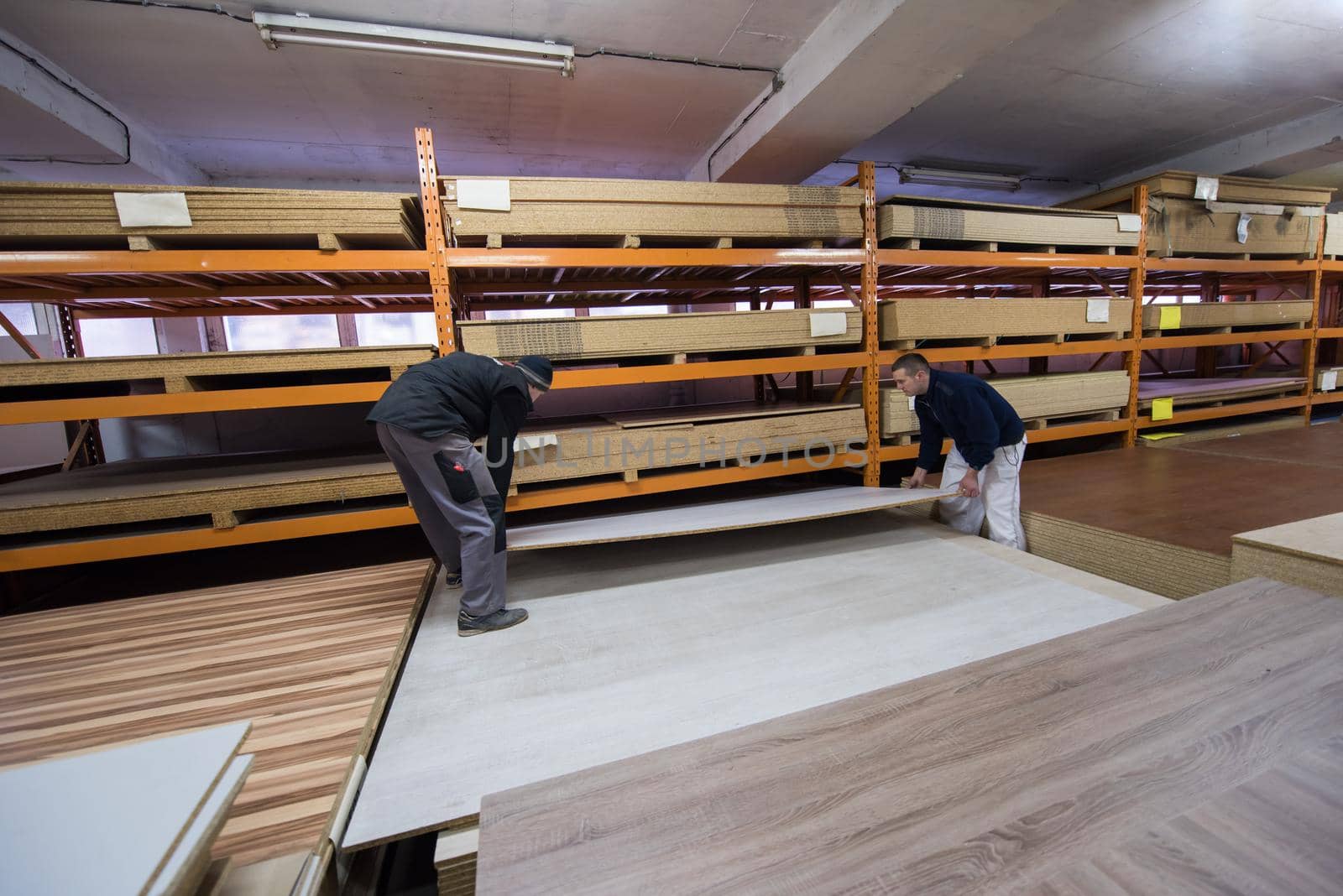 two young carpenters working together in big modern carpentry High quality wood concept