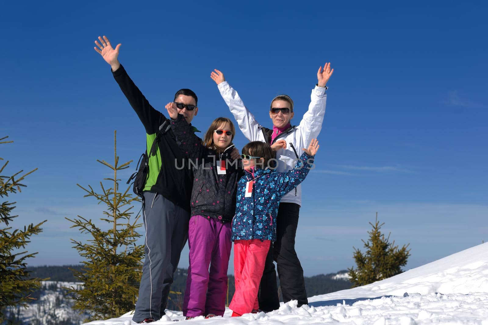 portrait of happy young family at beautiful winter sunny day with blue sky and snow in background