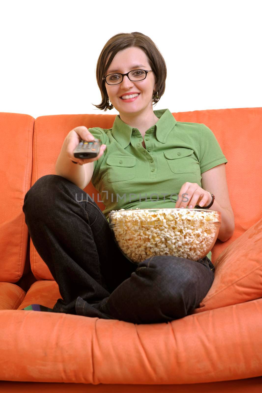 young woman eat popcorn, watching movies and eat popcorn at modern home living room  isolated on white background