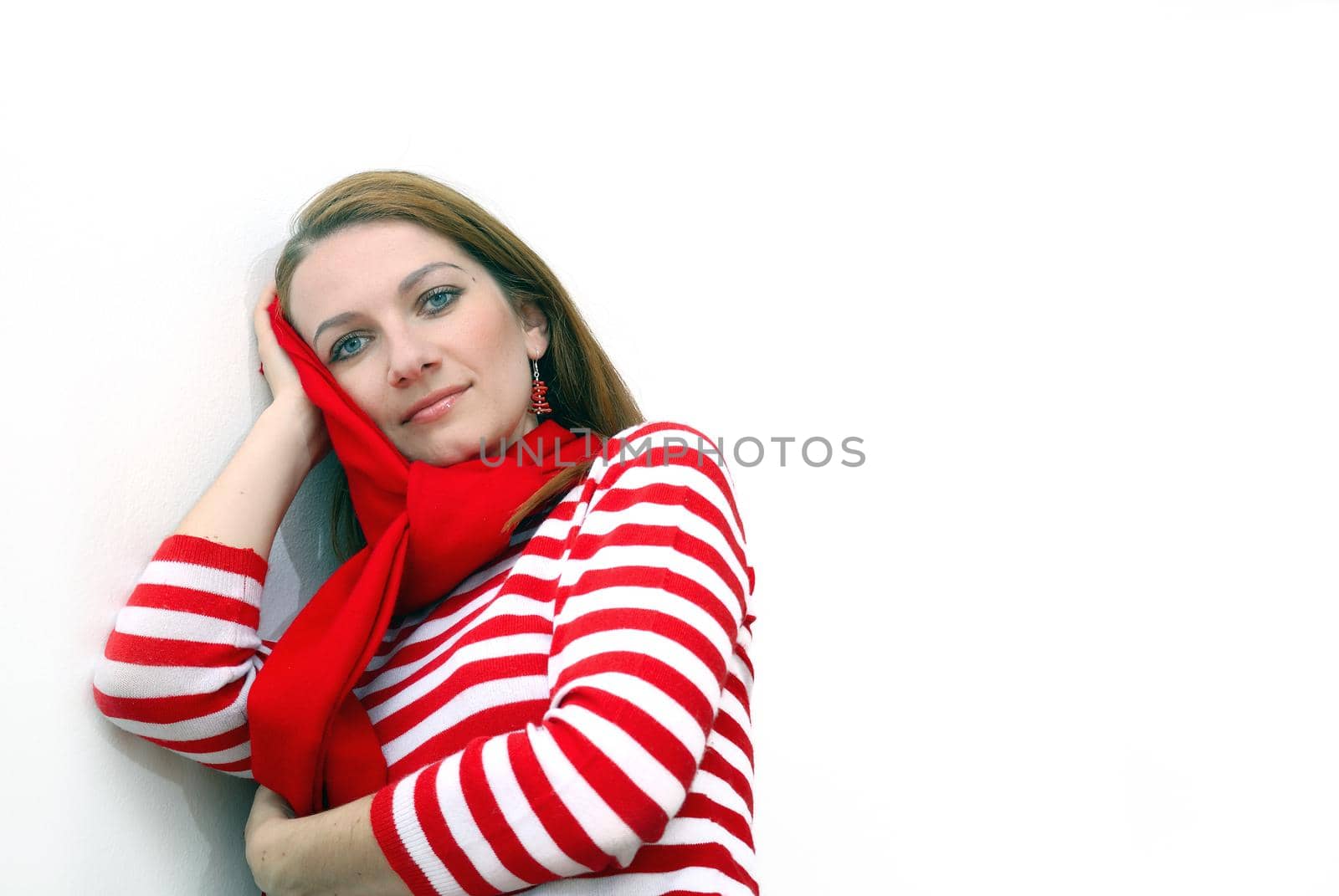 woman in red at bright  office