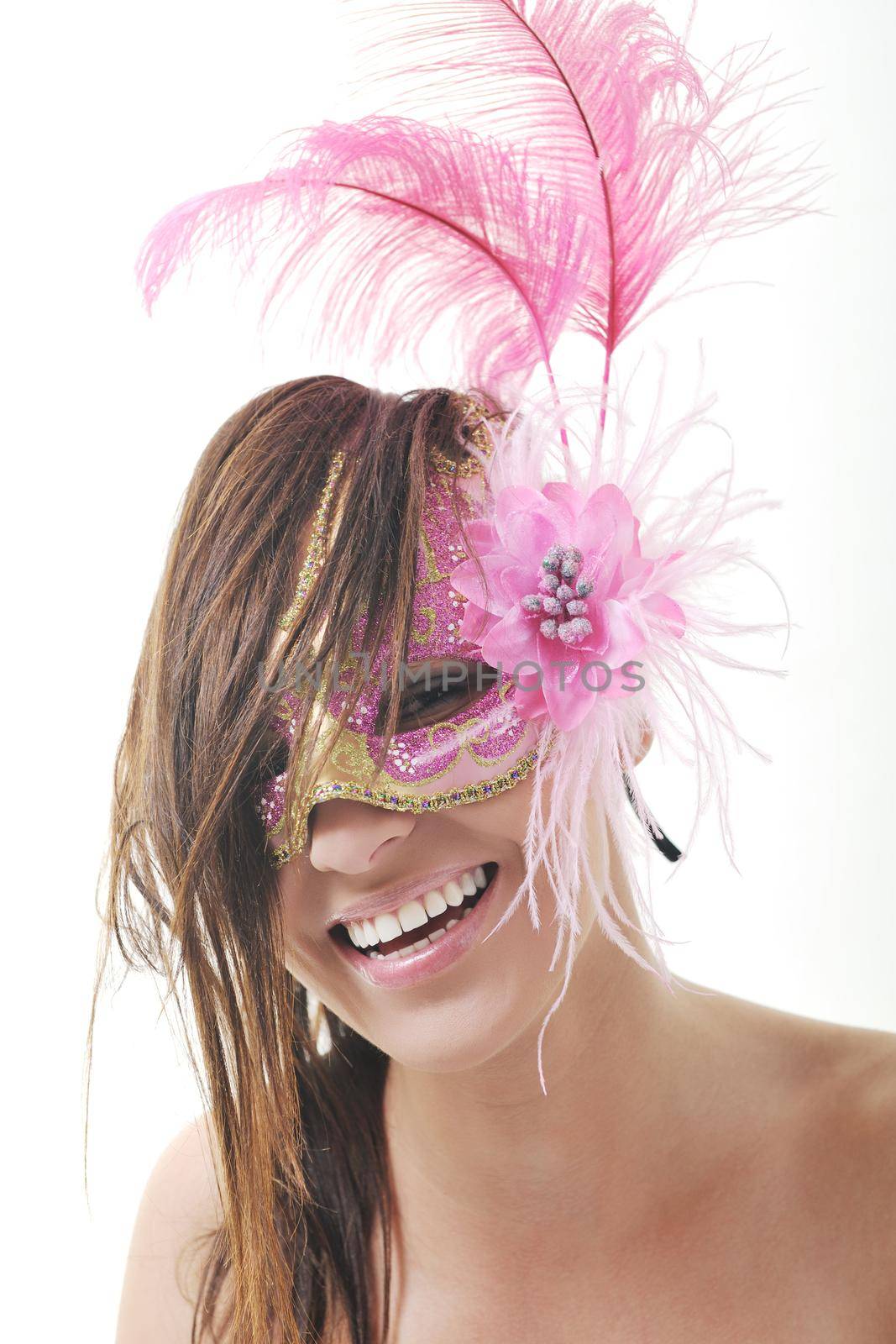 young brunete woman with italian traditional mask isolated on white