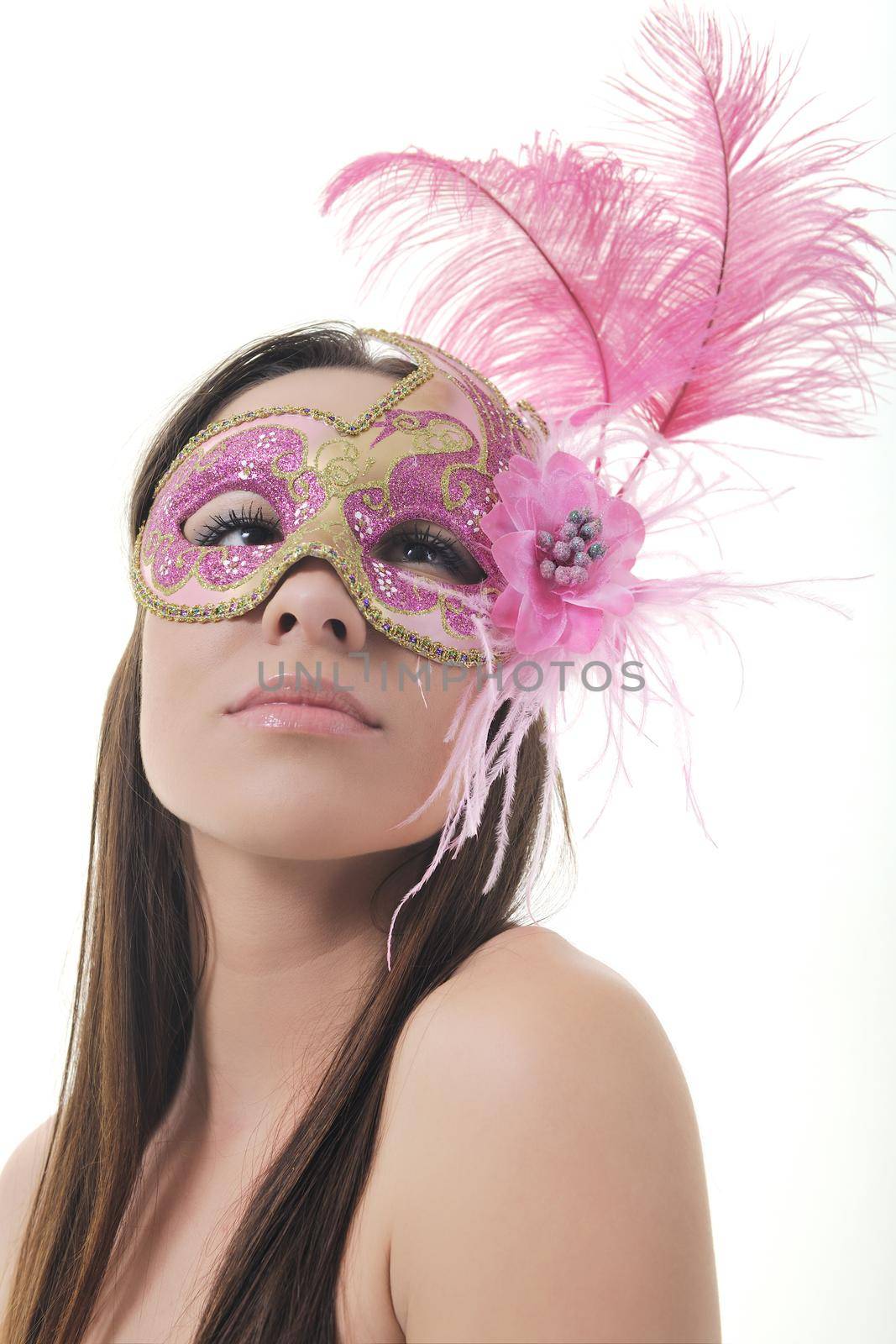 young brunete woman with italian traditional mask isolated on white