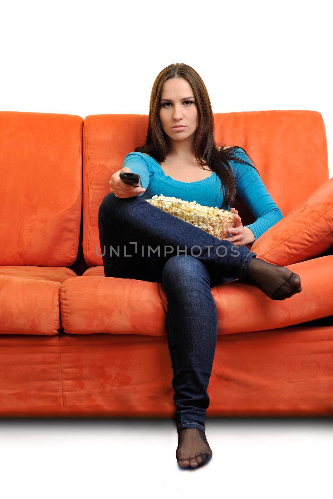 young woman eat popcorn, watching movies and eat popcorn at modern home living room  isolated on white background