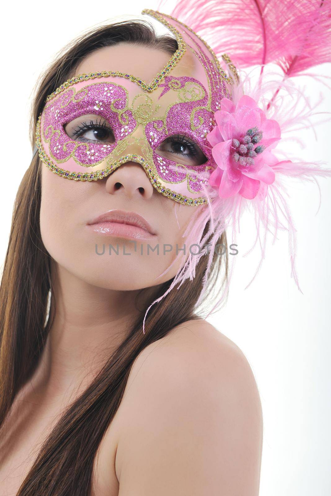 young brunete woman with italian traditional mask isolated on white