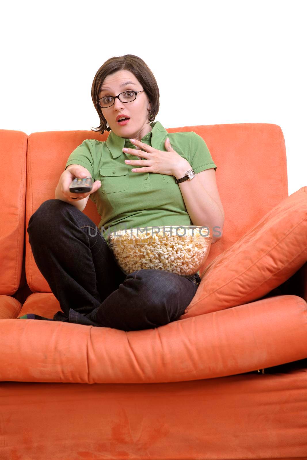 young woman eat popcorn, watching movies and eat popcorn at modern home living room  isolated on white background