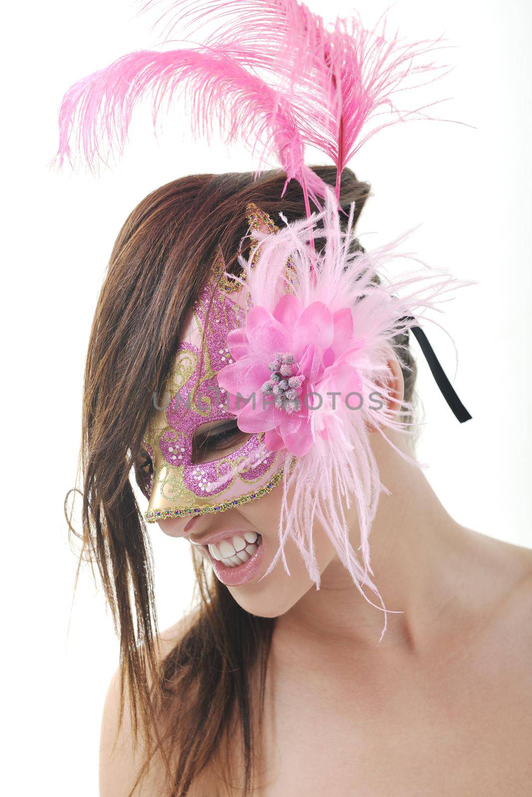 young brunete woman with italian traditional mask isolated on white