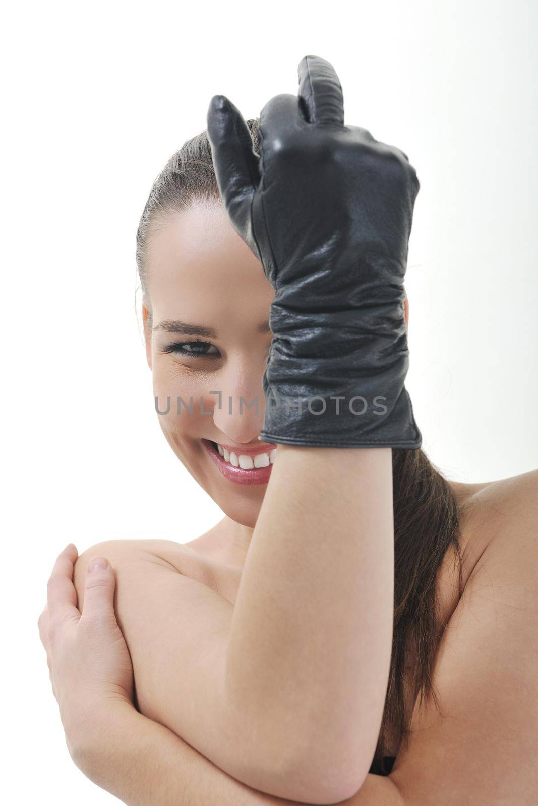 young brunete woman  with black glove isolated on white