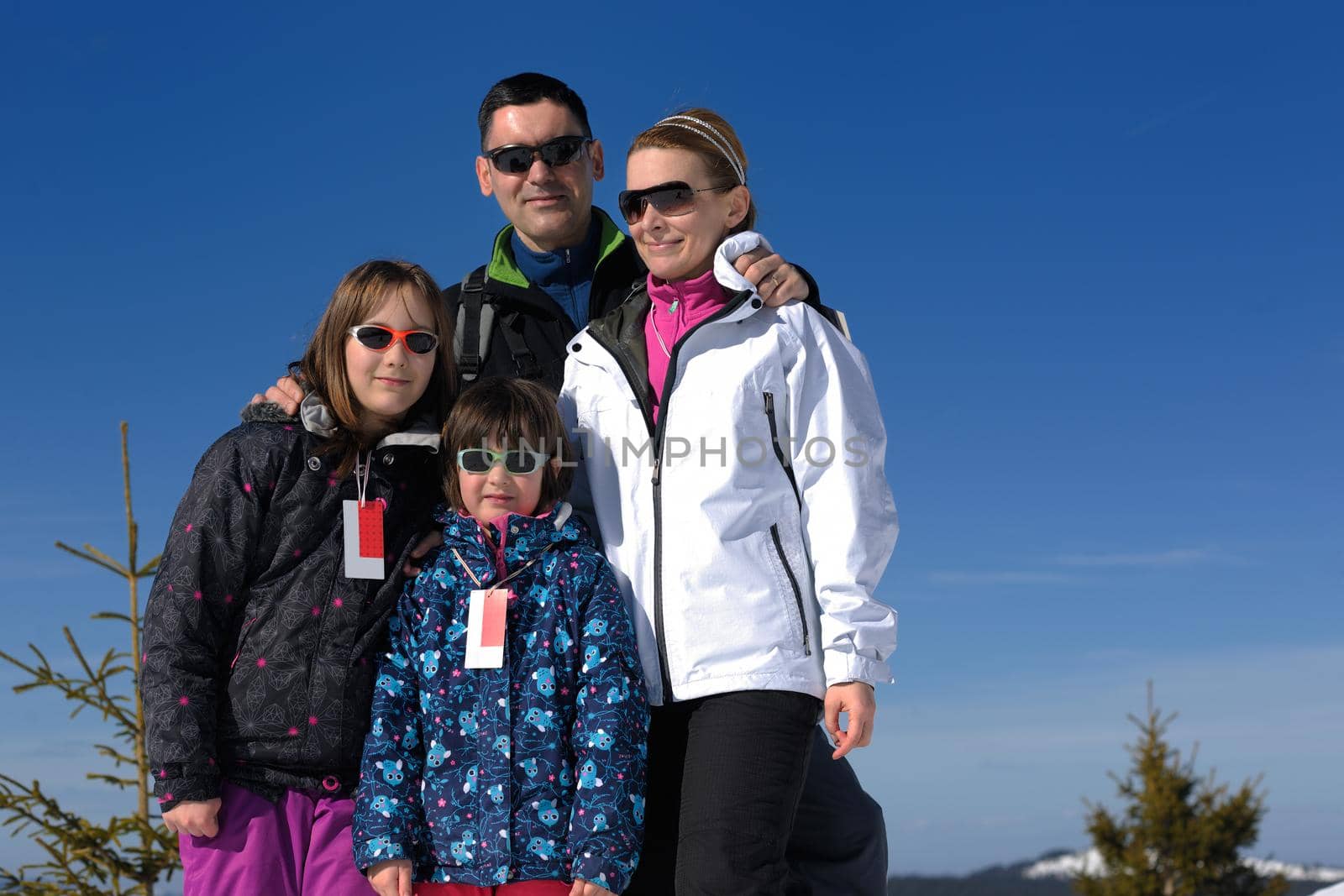 portrait of happy young family at beautiful winter sunny day with blue sky and snow in background