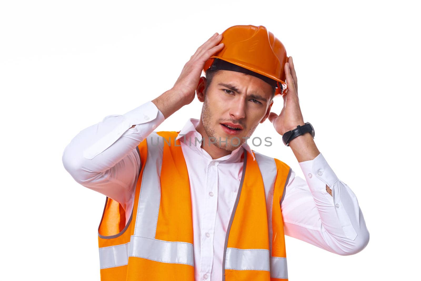 man in working orange uniform construction work. High quality photo