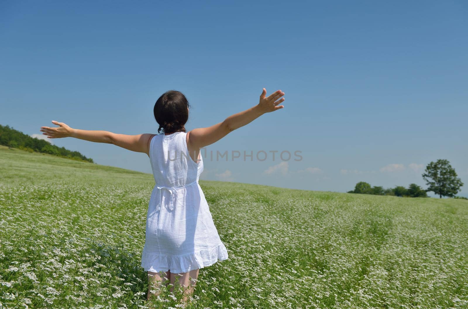 Young happy woman in green field with blue sky in background