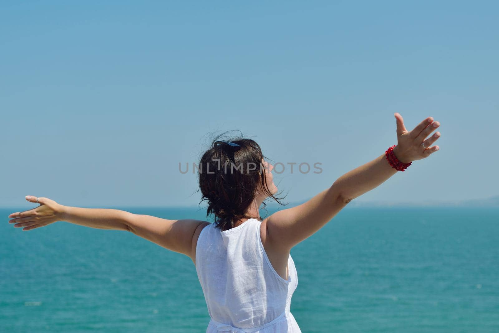 Happy  young woman with spreading arms, blue sky with clouds in background  - copyspace