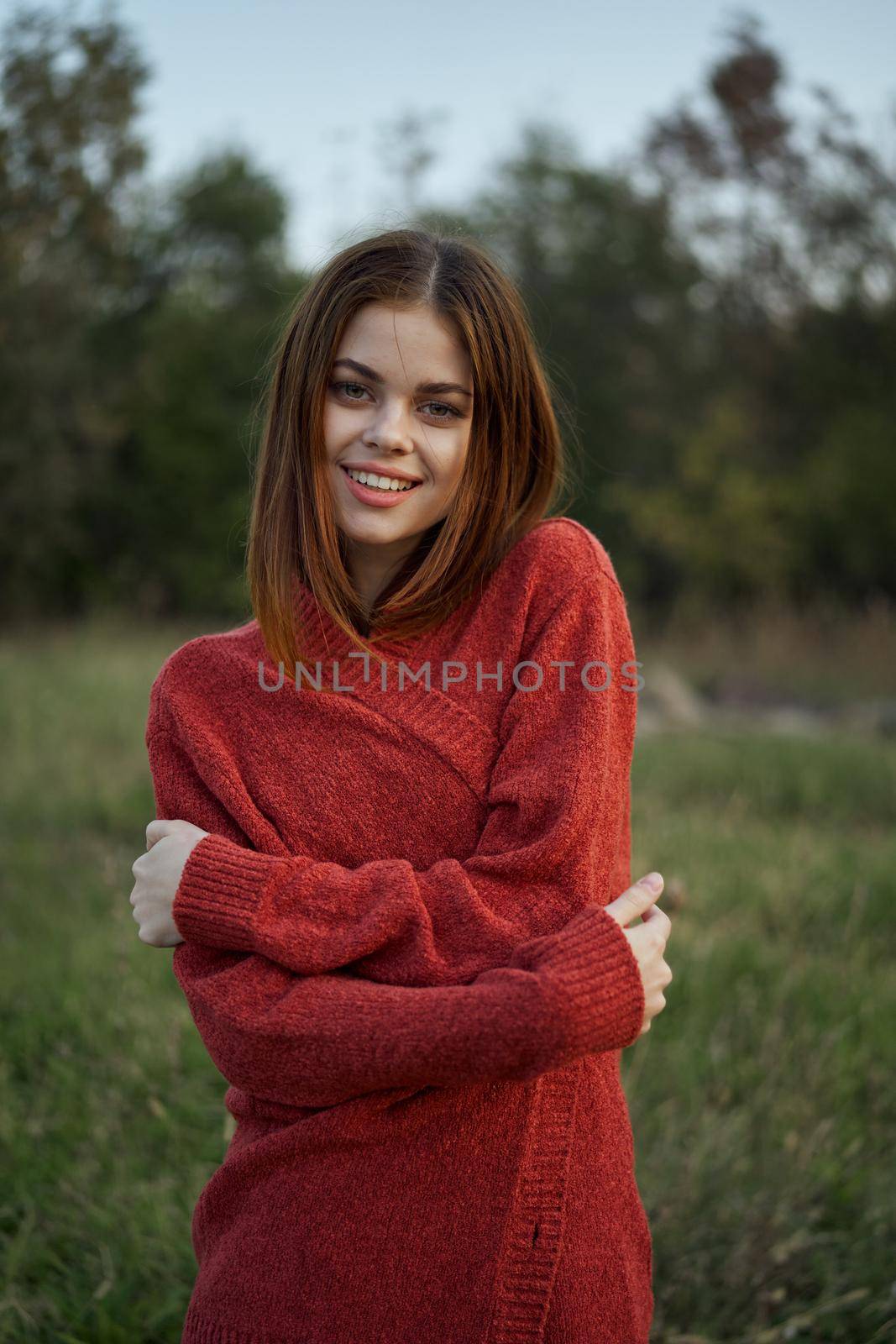 woman red sweater cool air nature romance by Vichizh