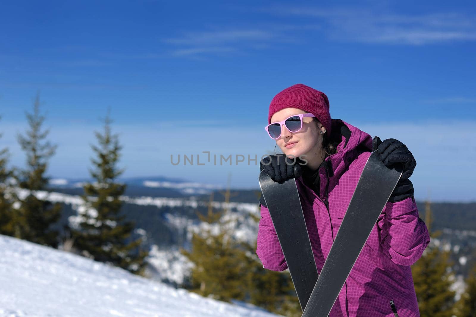 winter woman ski sport fun travel snow