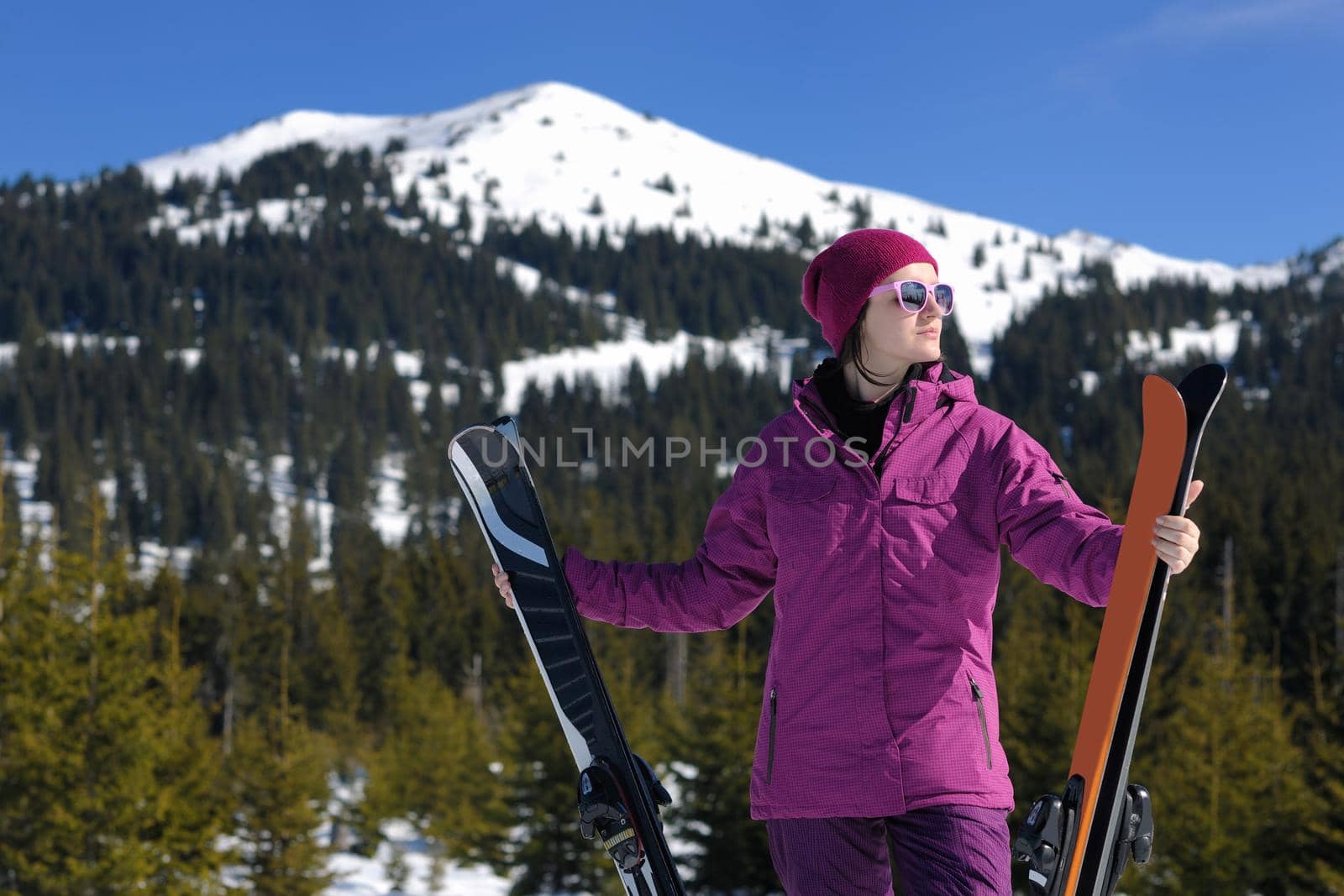 winter woman ski sport fun travel snow