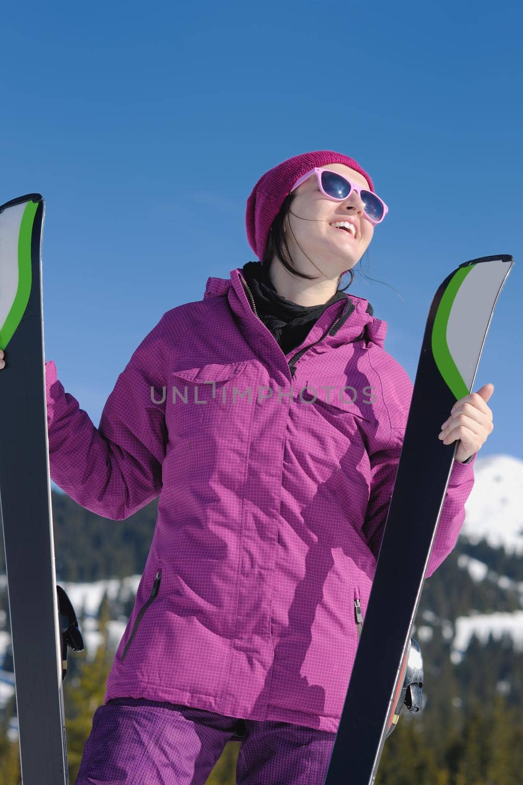 winter woman ski sport fun travel snow