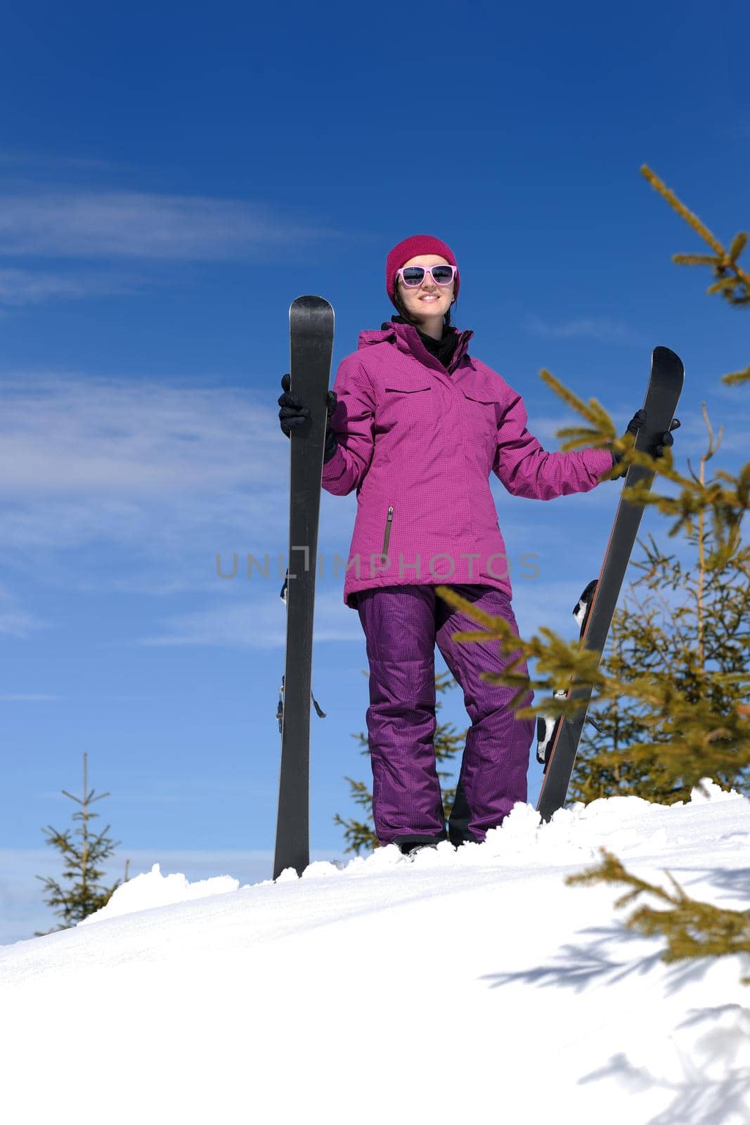 winter woman ski sport fun travel snow