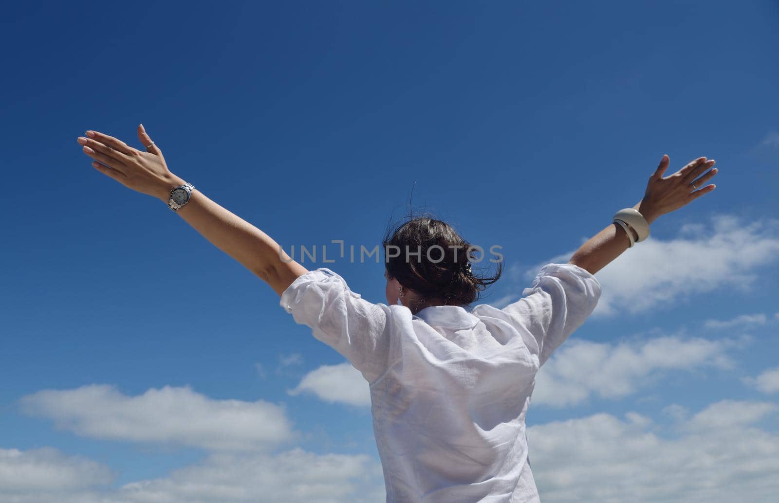 Happy  young woman with spreading arms, blue sky with clouds in background  - copyspace