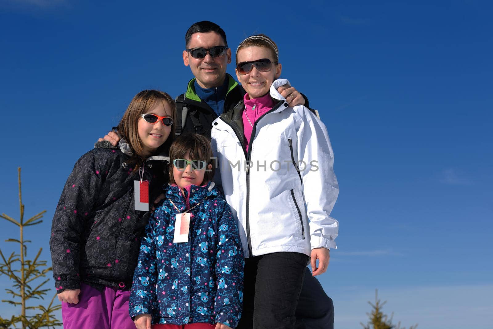 portrait of happy young family at beautiful winter sunny day with blue sky and snow in background