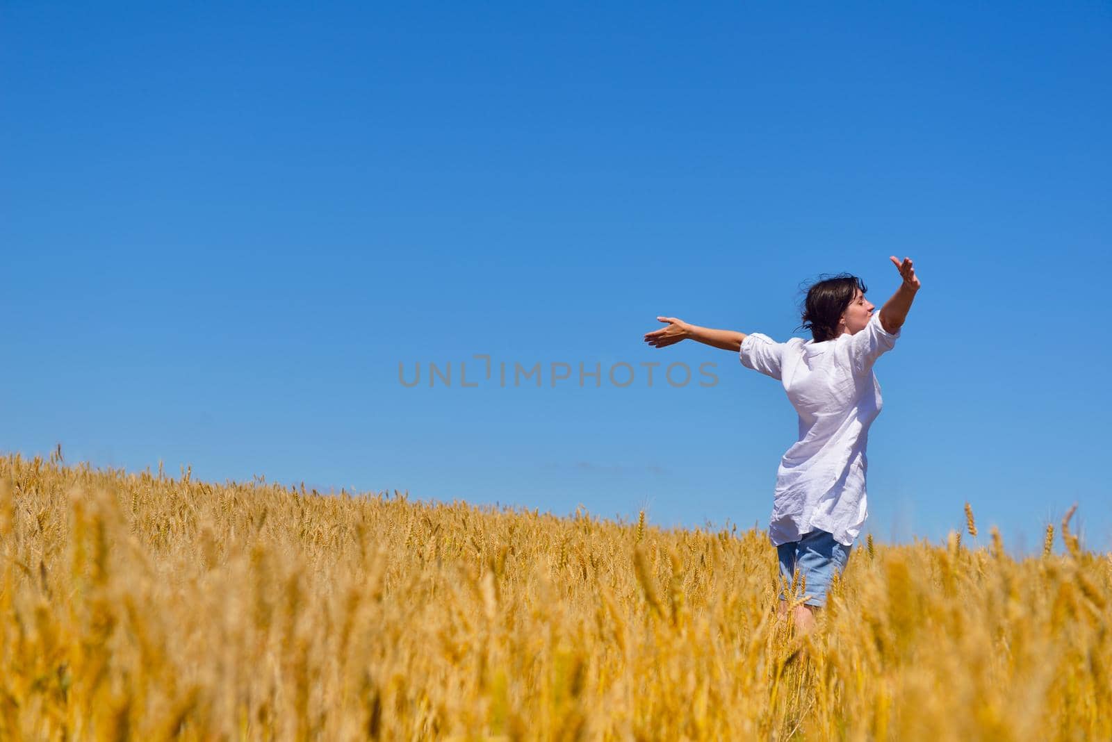 Young woman standing jumping and running  on a wheat field with blue sky the background at summer day representing healthy life and agriculture concept