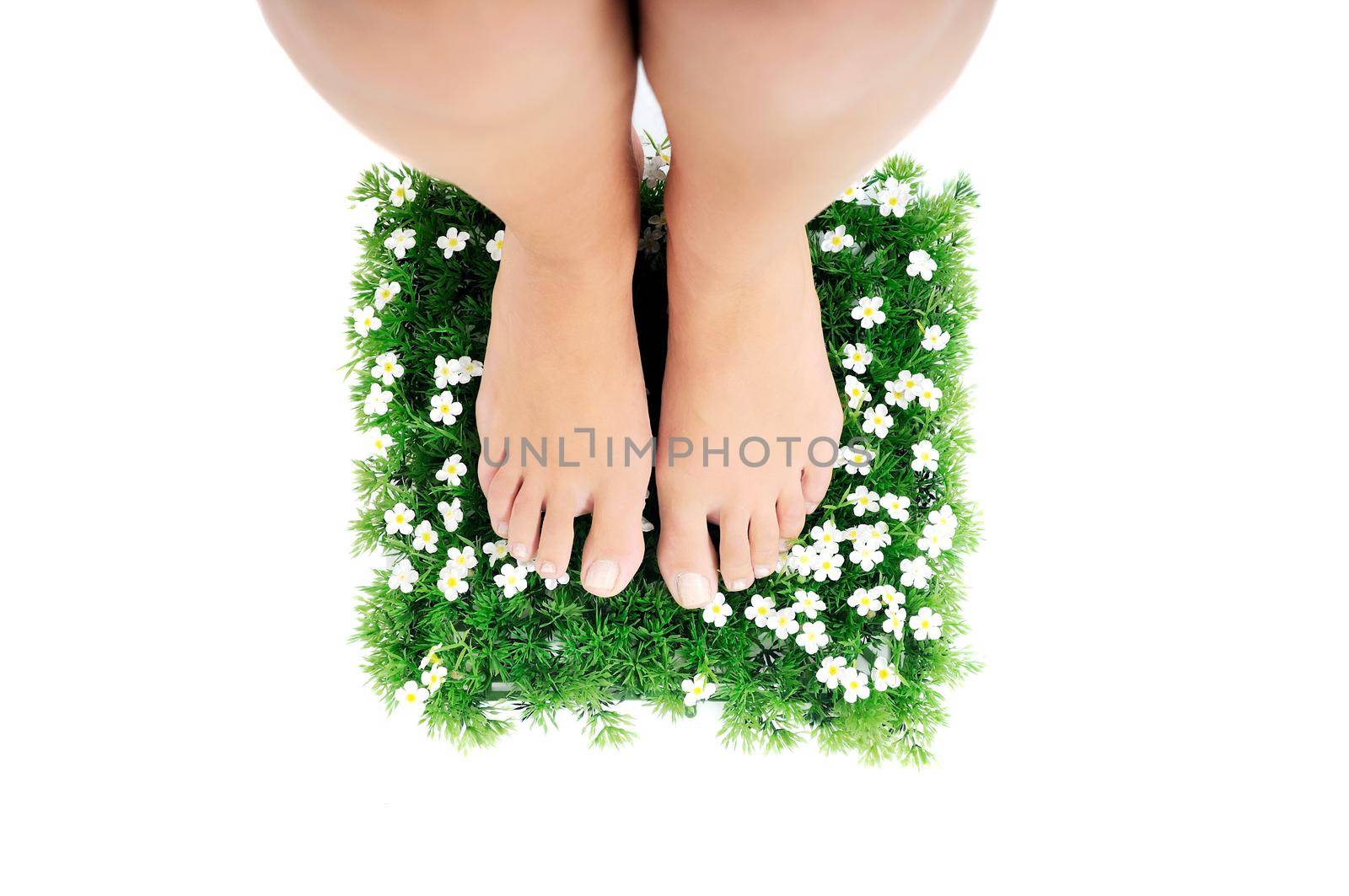 woman legs walking on small peace of green grass isolated on white representing last oasis concept