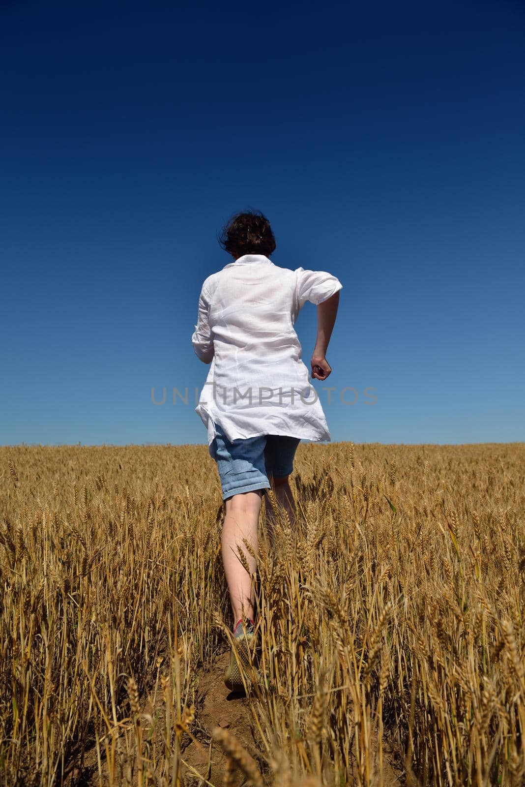 Young woman standing jumping and running  on a wheat field with blue sky in  background at summer day representing healthy life and agriculture concept