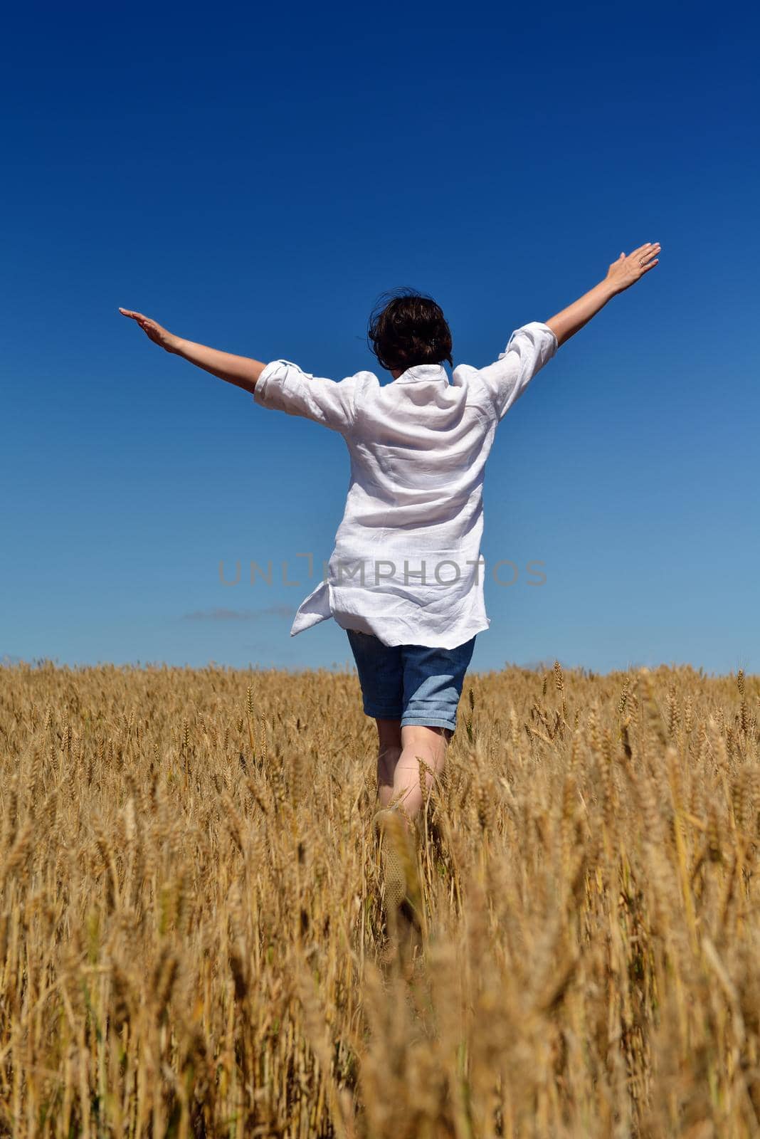 young woman in wheat field at summer by dotshock