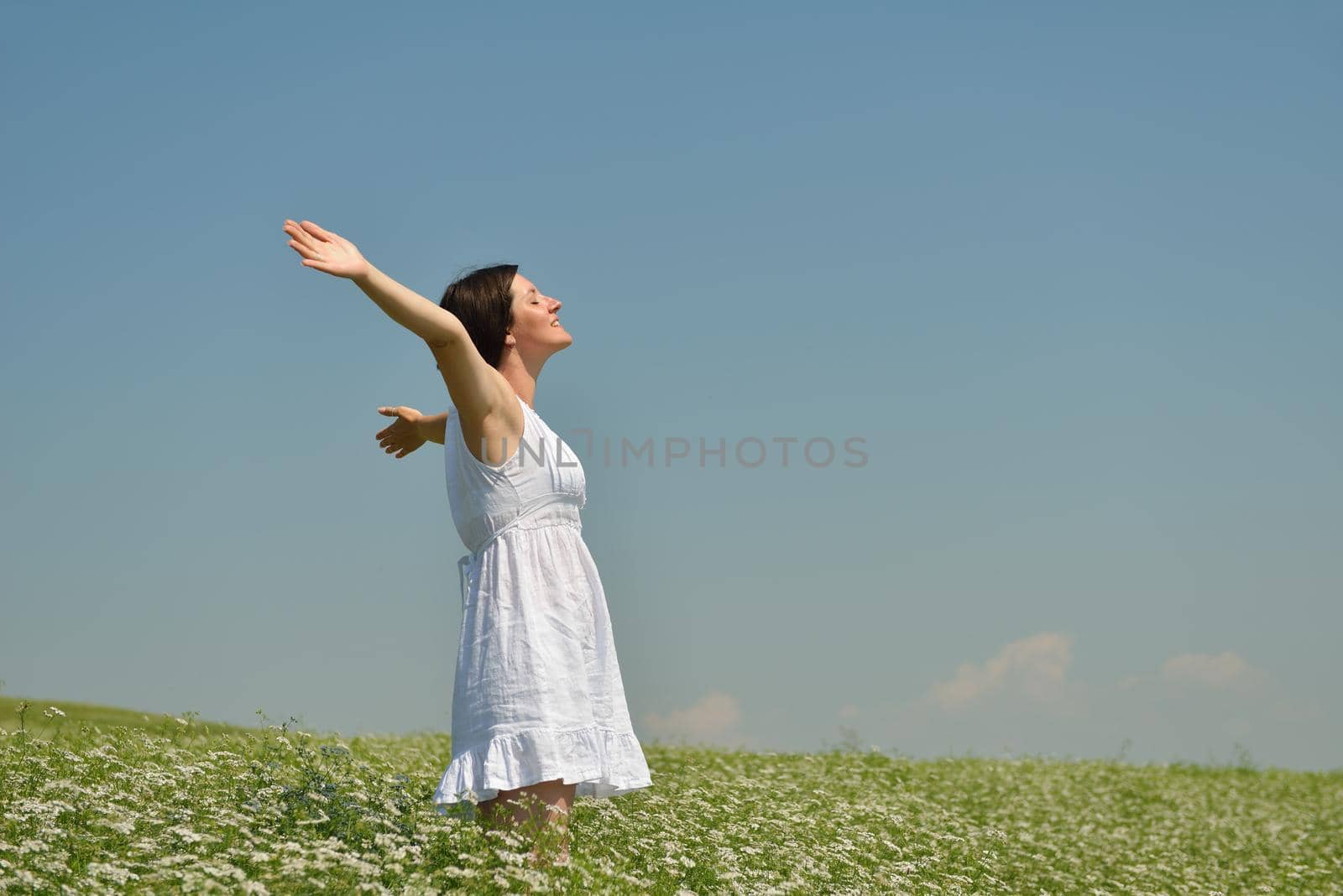 Young happy woman in green field by dotshock