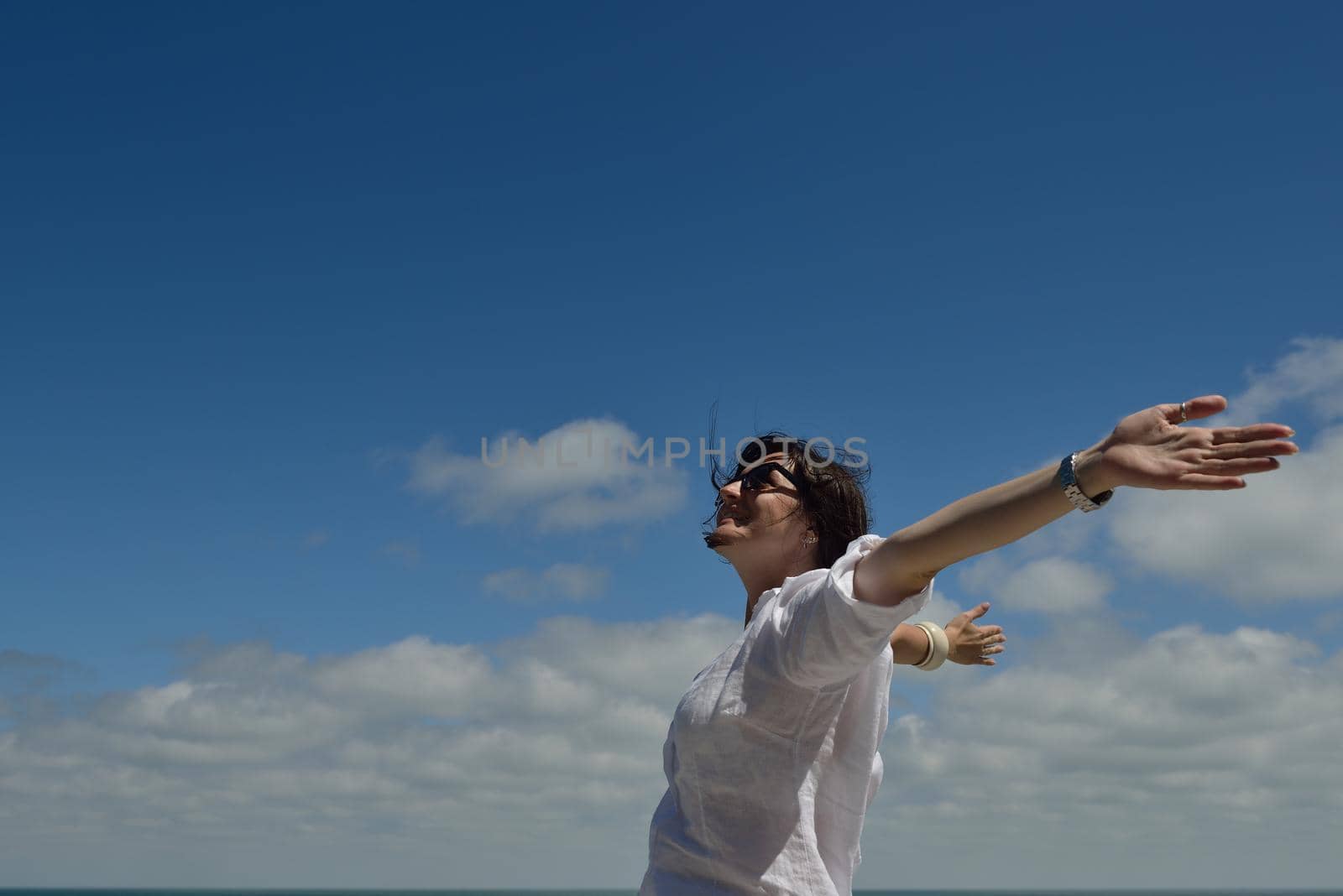 Happy  young woman with spreading arms, blue sky with clouds in background  - copyspace