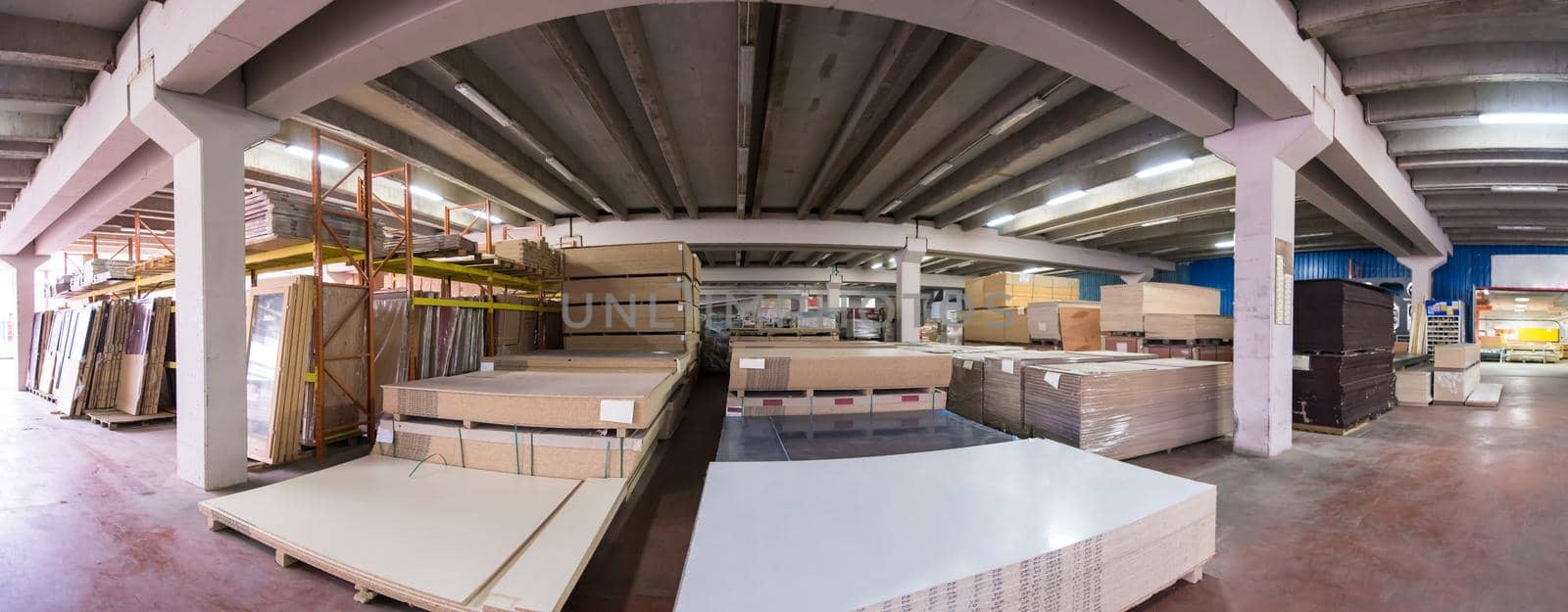 panoramic photo of production Department in big modern wooden furniture factory