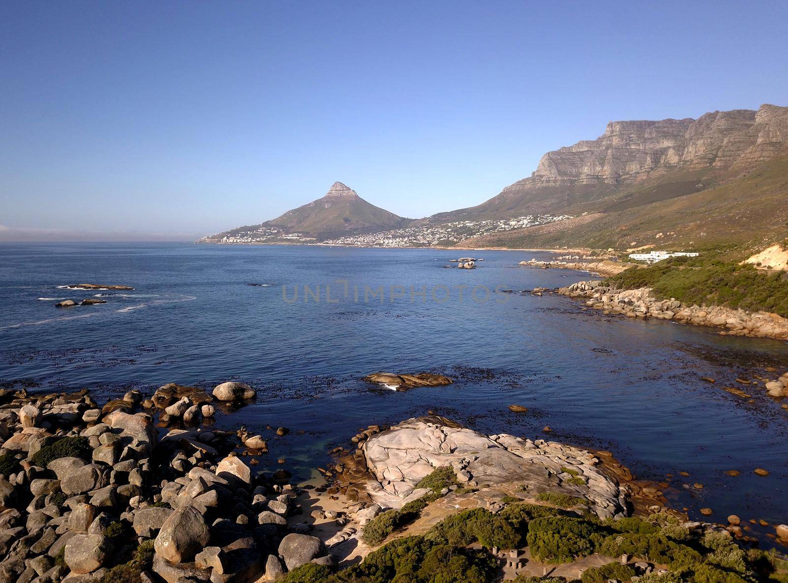 Aerial view across the sea at Oudekraal to Cape Town, South Africa