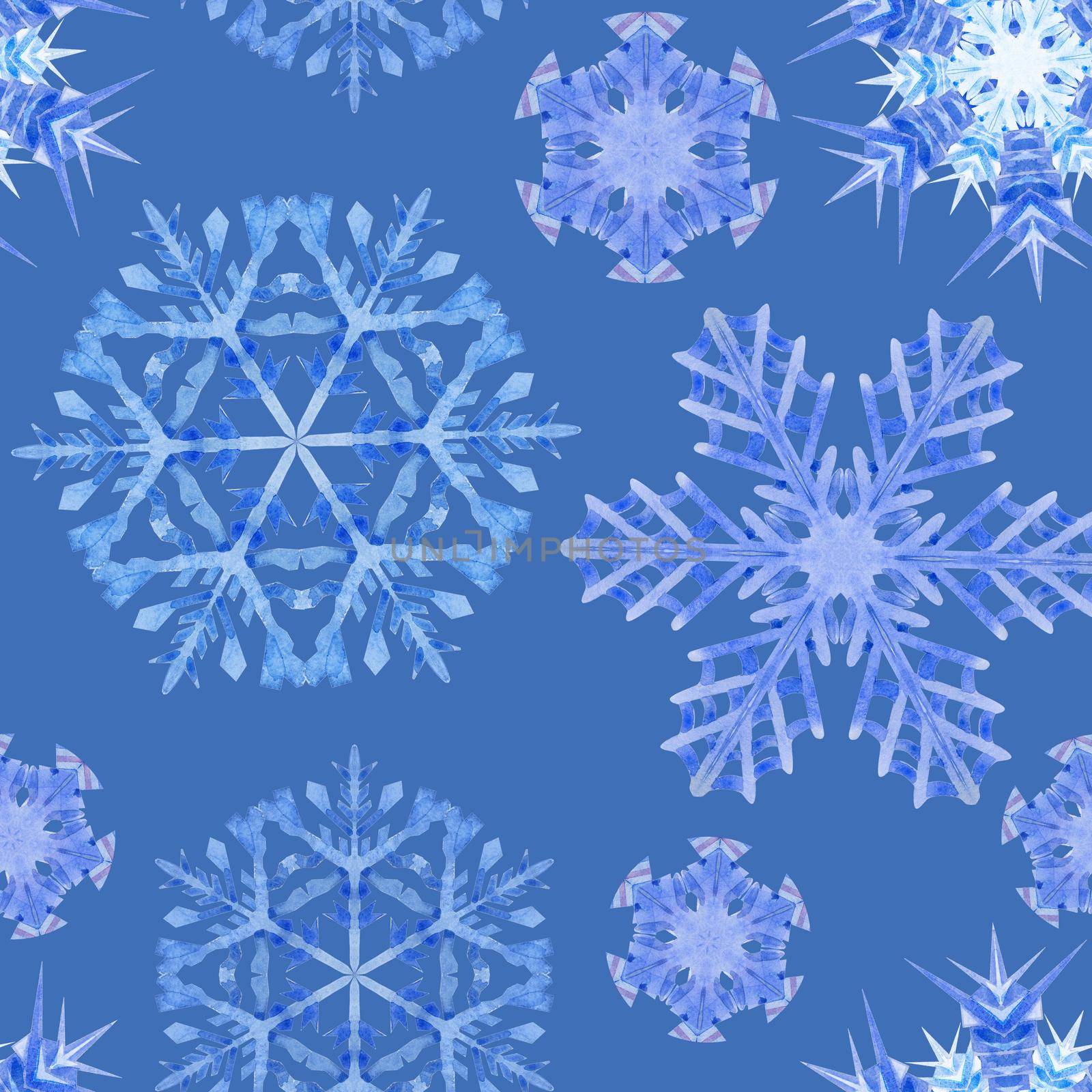 Watercolor snowflake. Seamless pattern in blue background by NataOmsk