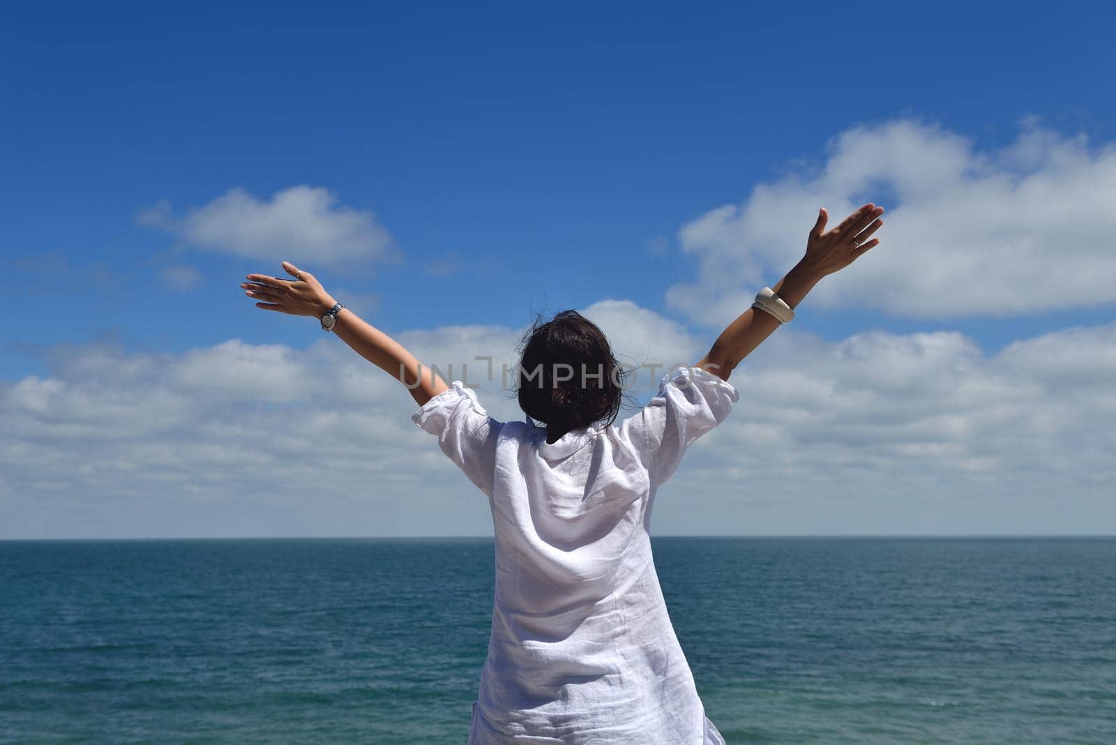 Happy  young woman with spreading arms, blue sky with clouds in background  - copyspace