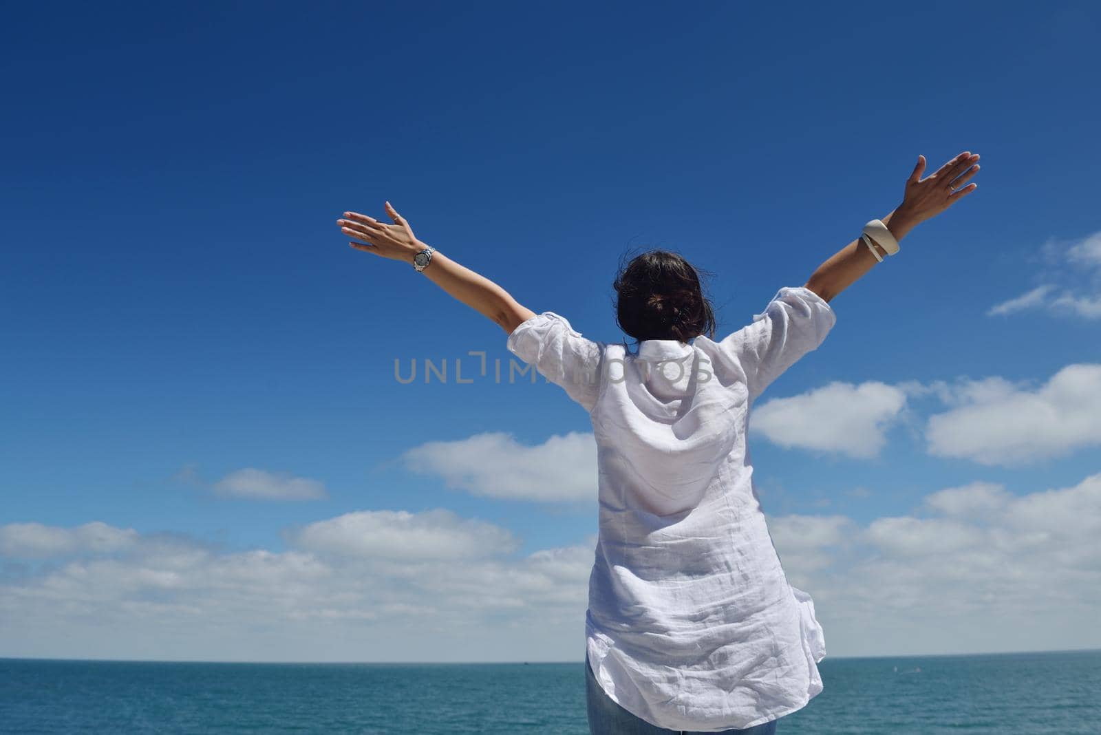 Happy  young woman with spreading arms, blue sky with clouds in background  - copyspace