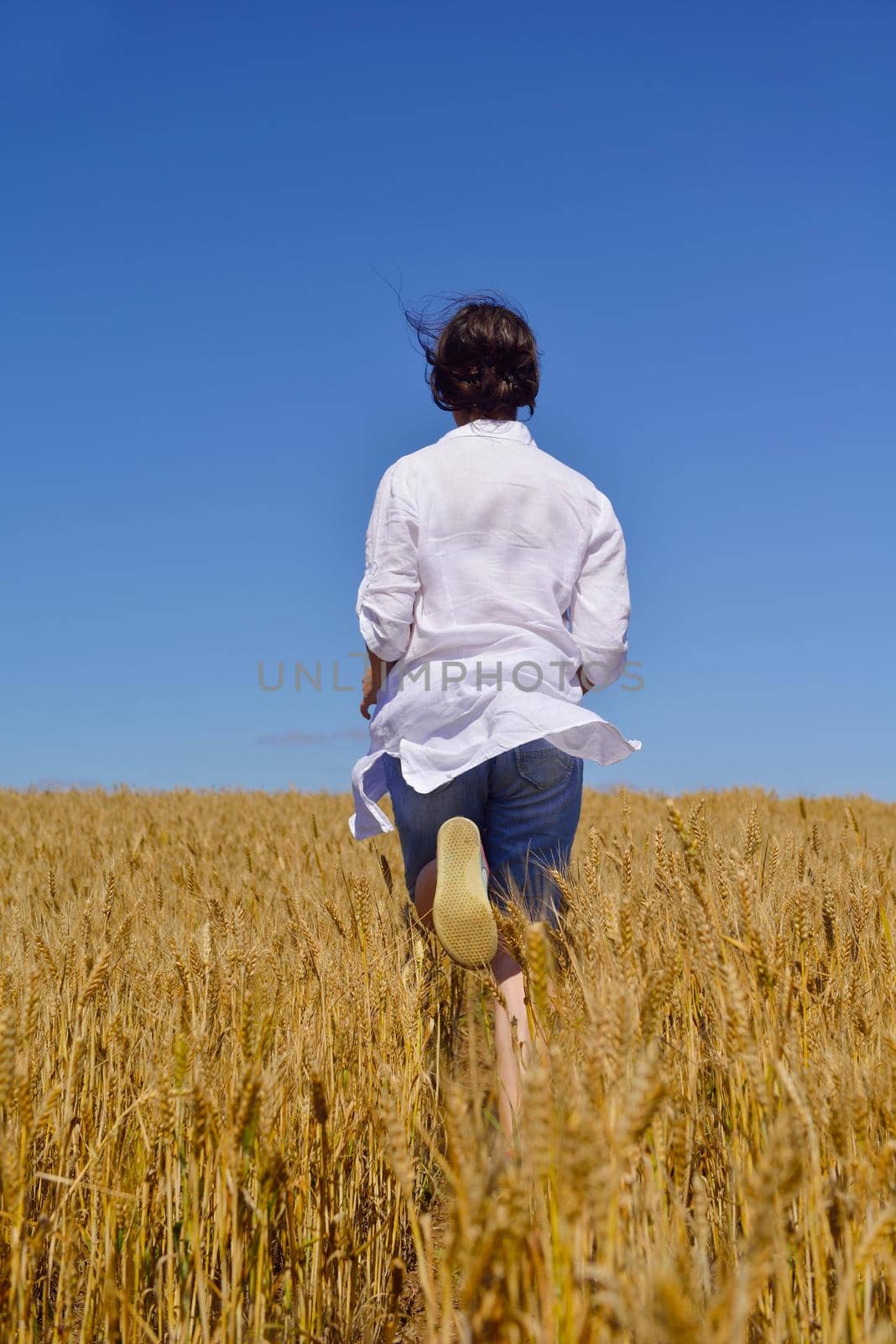 young woman in wheat field at summer by dotshock