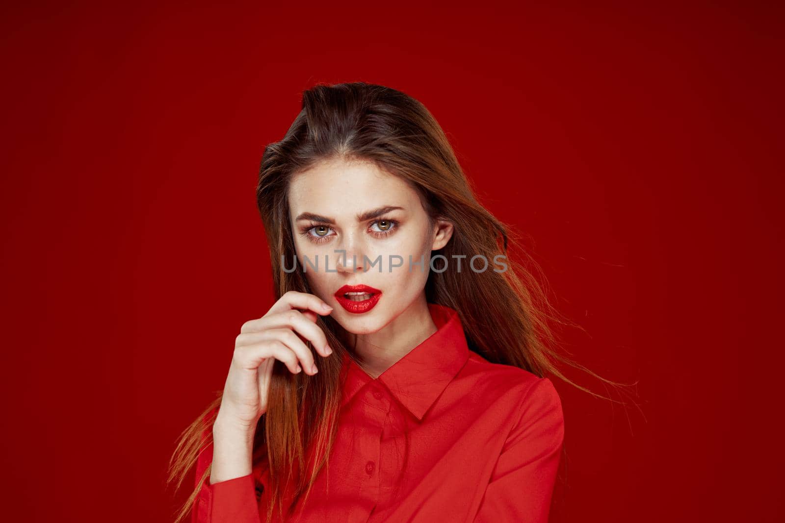 woman in red shirt posing fashion red lips fun by Vichizh
