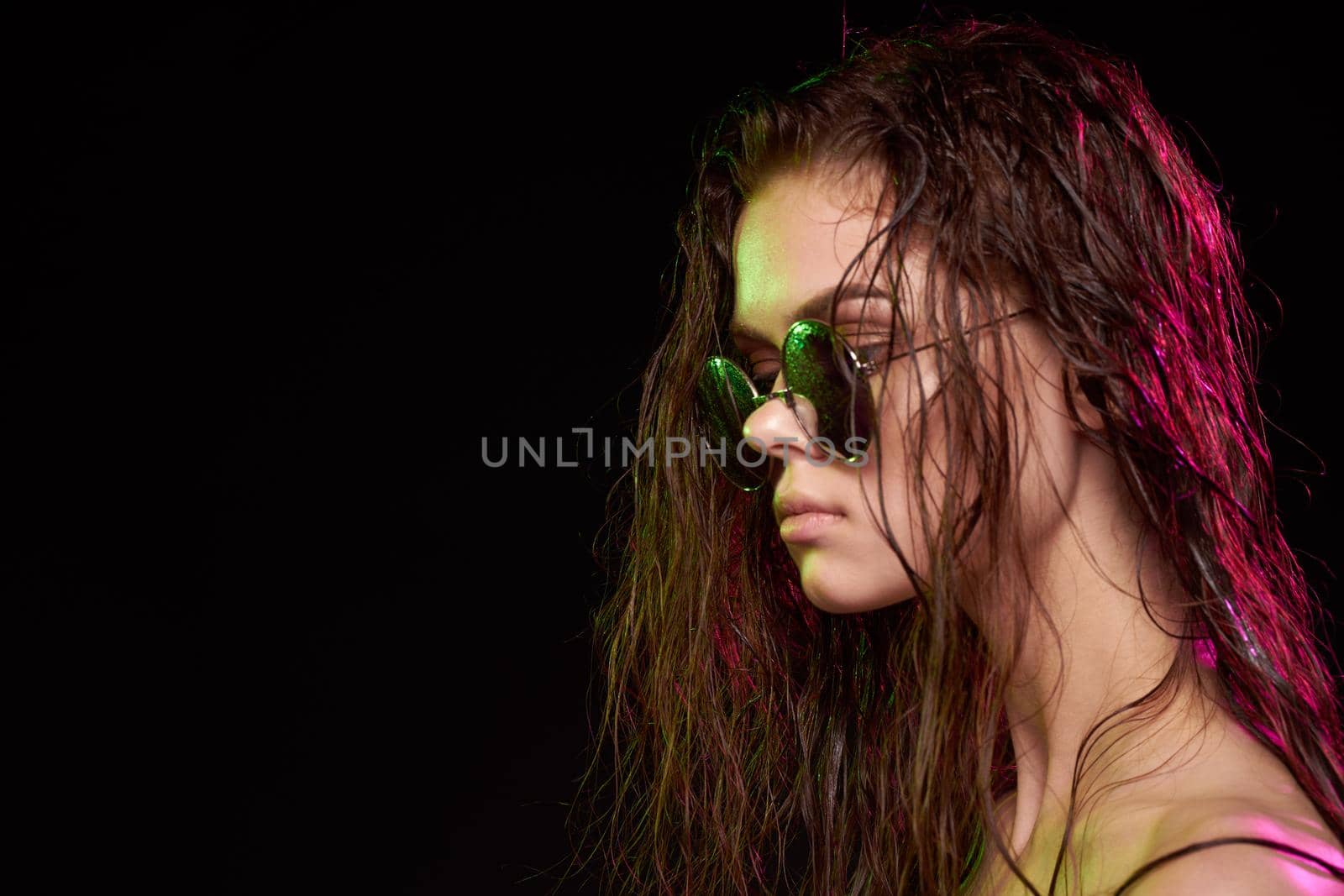 beautiful woman attractive glance posing sunglasses studio lifestyle. High quality photo