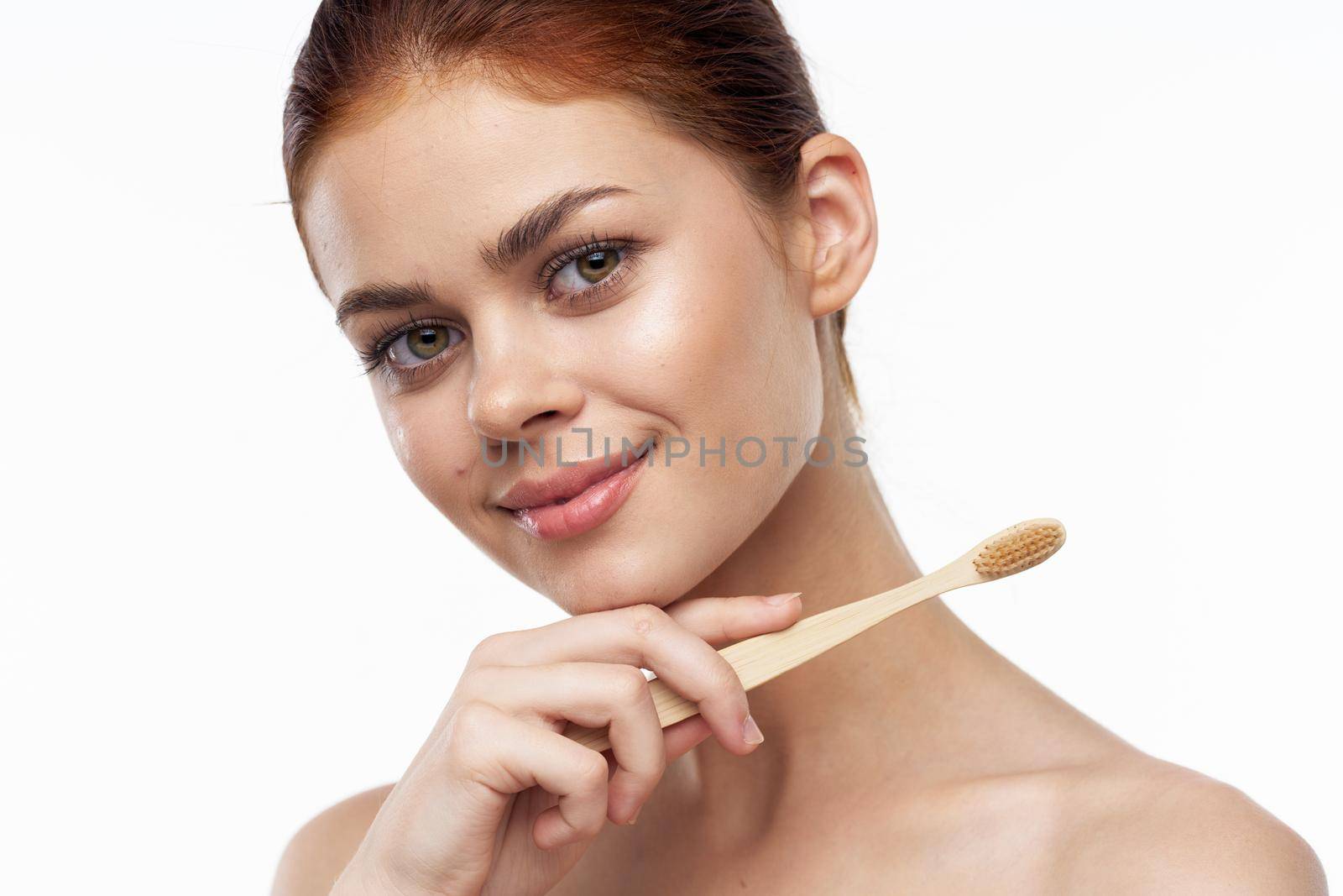 cheerful woman with bare shoulders toothbrushes hygiene oral care by Vichizh