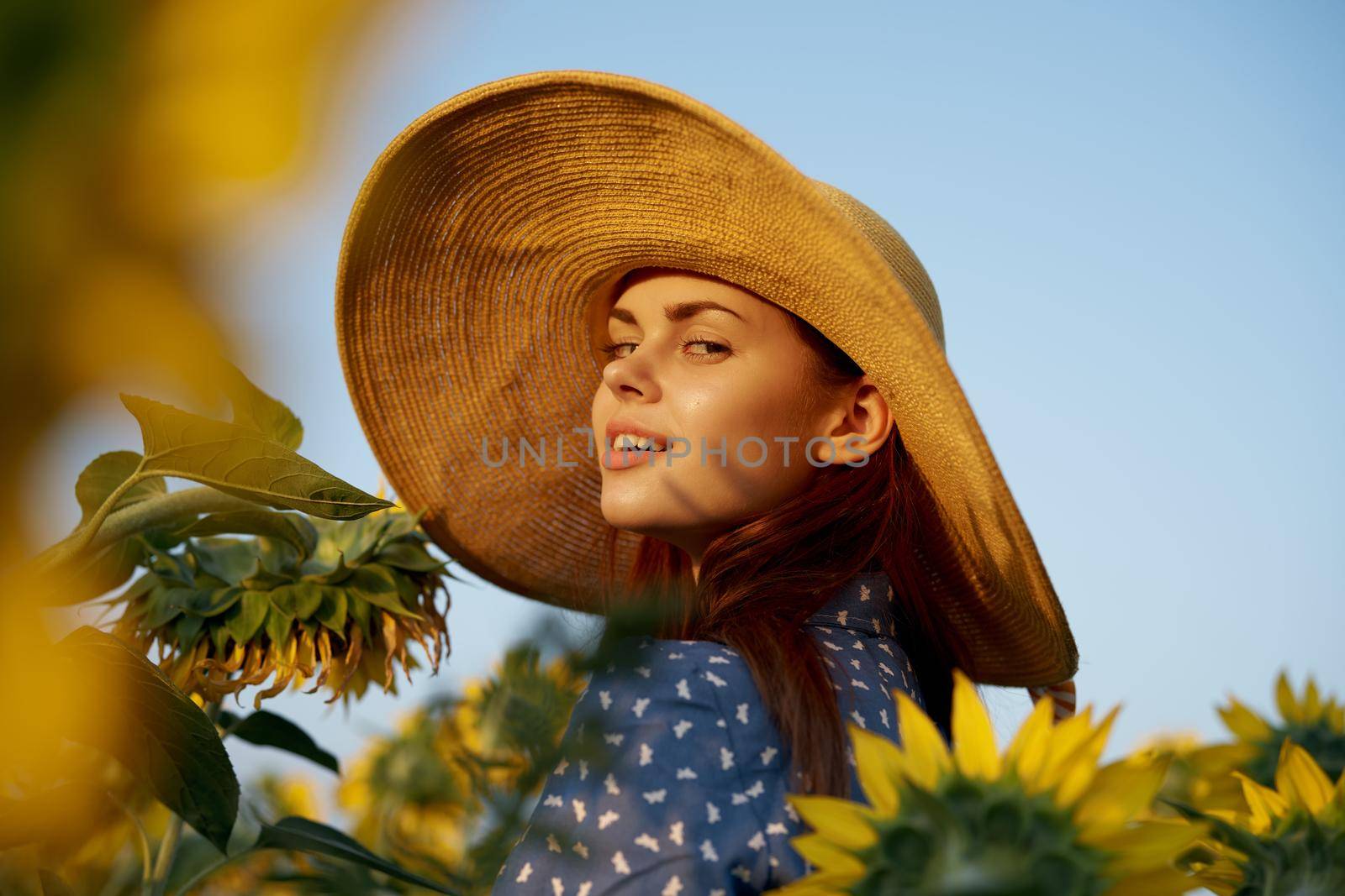 pretty woman with hat in the field of sunflowers freedom nature by Vichizh