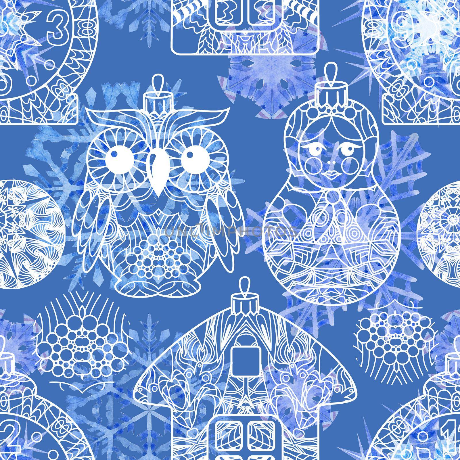 Watercolor painting effect. Handmade drawing. Seamless pattern with snowflakes, doodles and dots in blue and white colors on light blue background. For the Christmas design and decoration