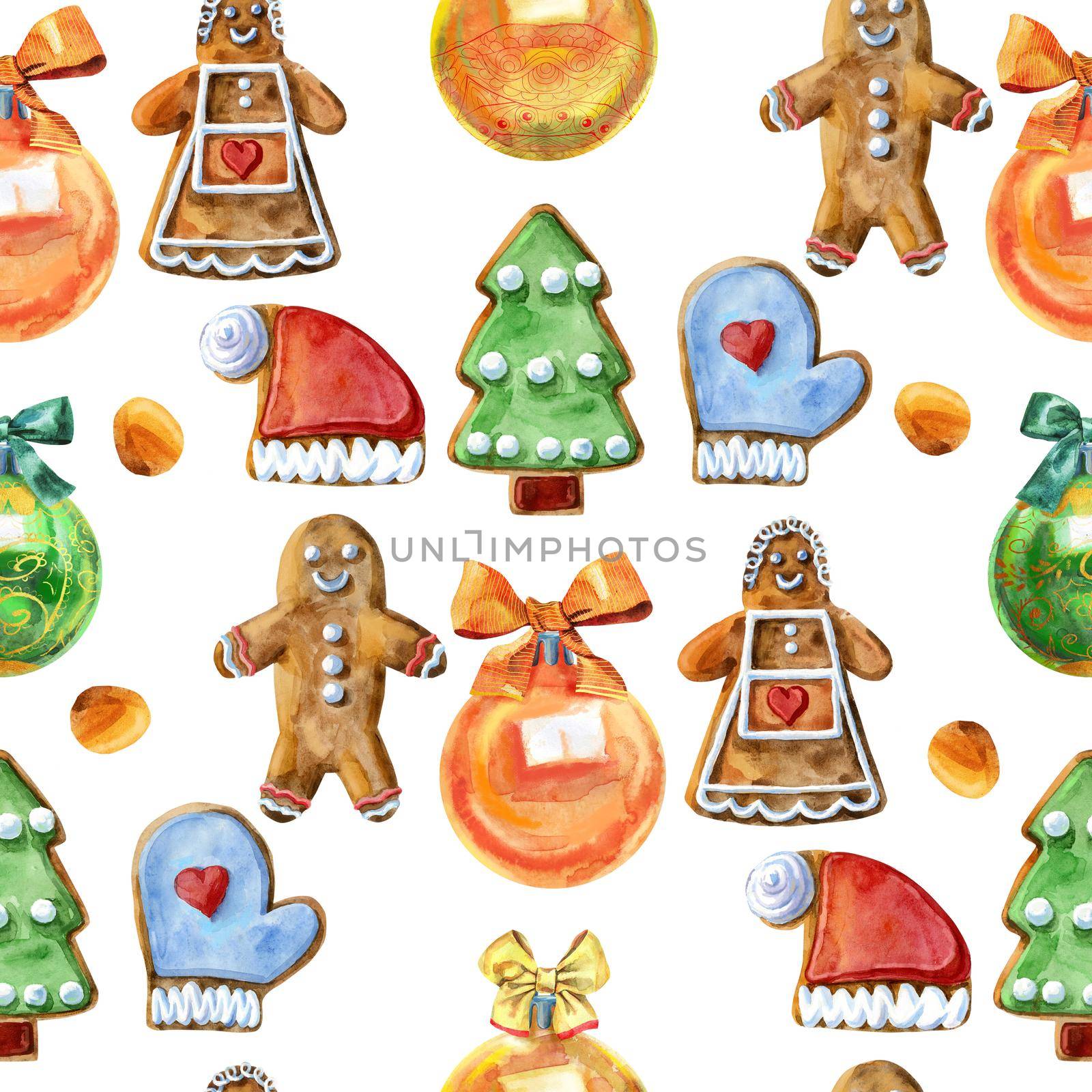 Seamless pattern. Watercolor christmas gingerbread. Hand painted gingerbread man isolated on white background. For design, background or print.
