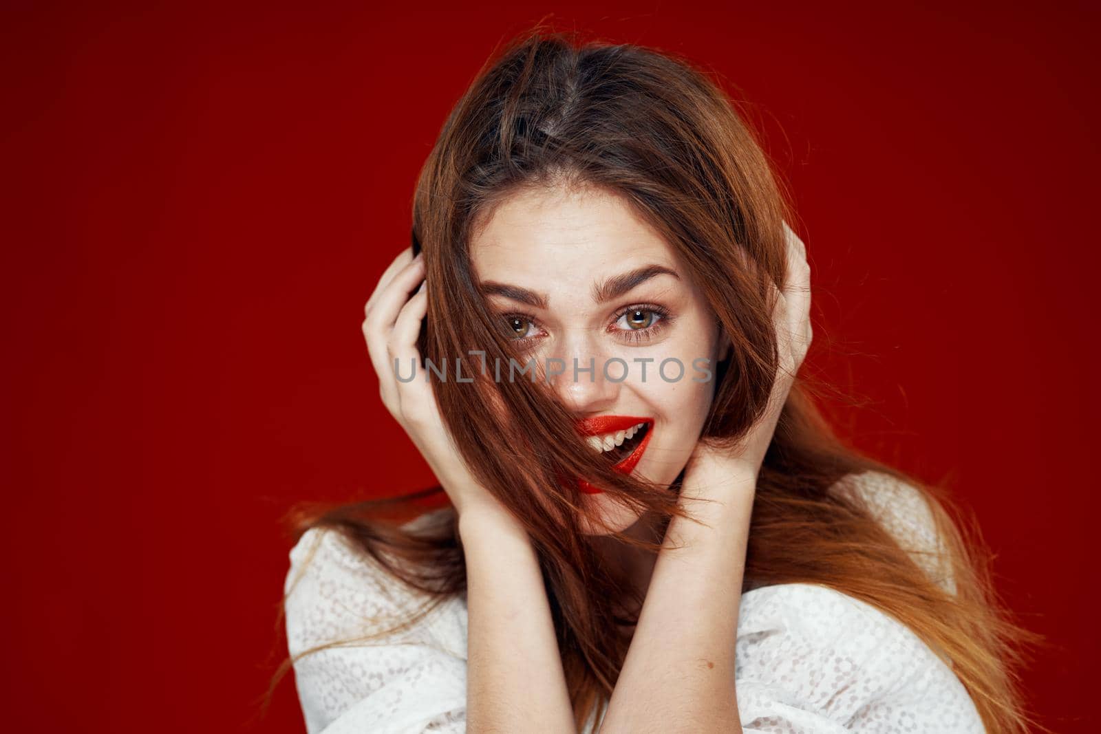 attractive woman red hair red lips posing glamor. High quality photo