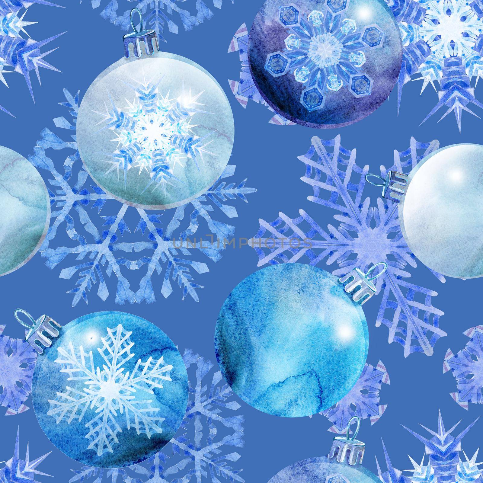 Watercolor painting effect. Handmade drawing. Seamless pattern with snowflakes, doodles and dots in blue and white colors on light blue background. For the Christmas design and decoration