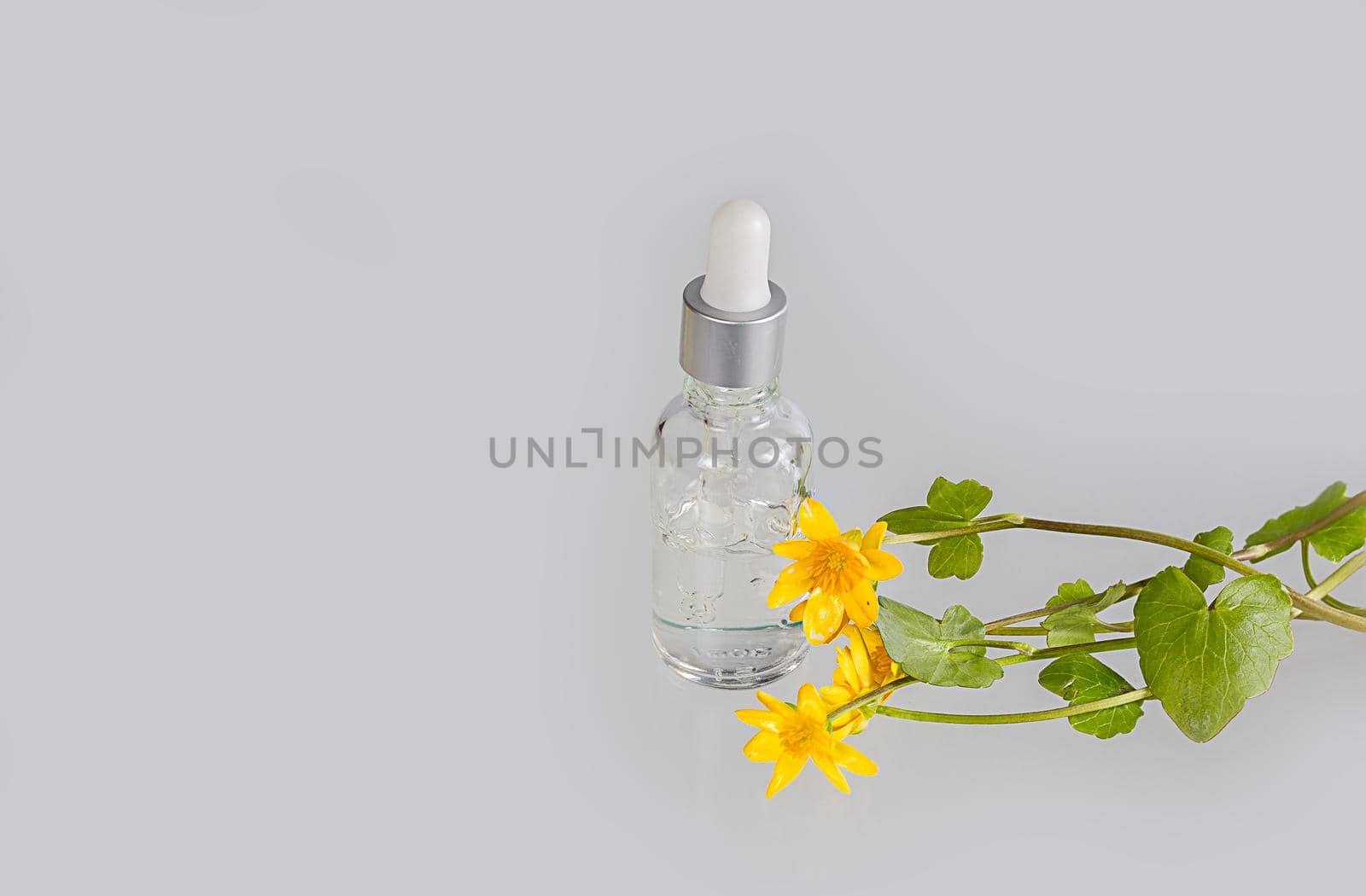 Cosmetic serum with bright yellow flowers on white background