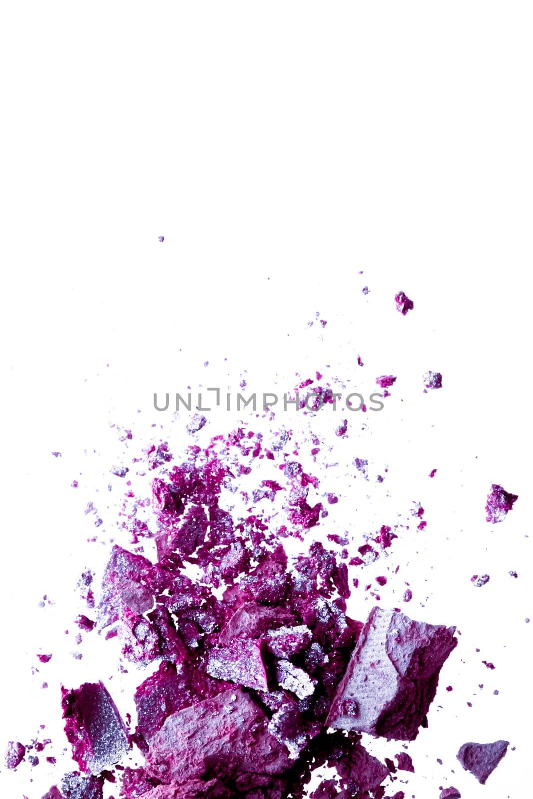 Powder cosmetics, mineral organic eyeshadow, blush or crushed cosmetic product isolated on white background, makeup and beauty banner, flatlay design by Anneleven