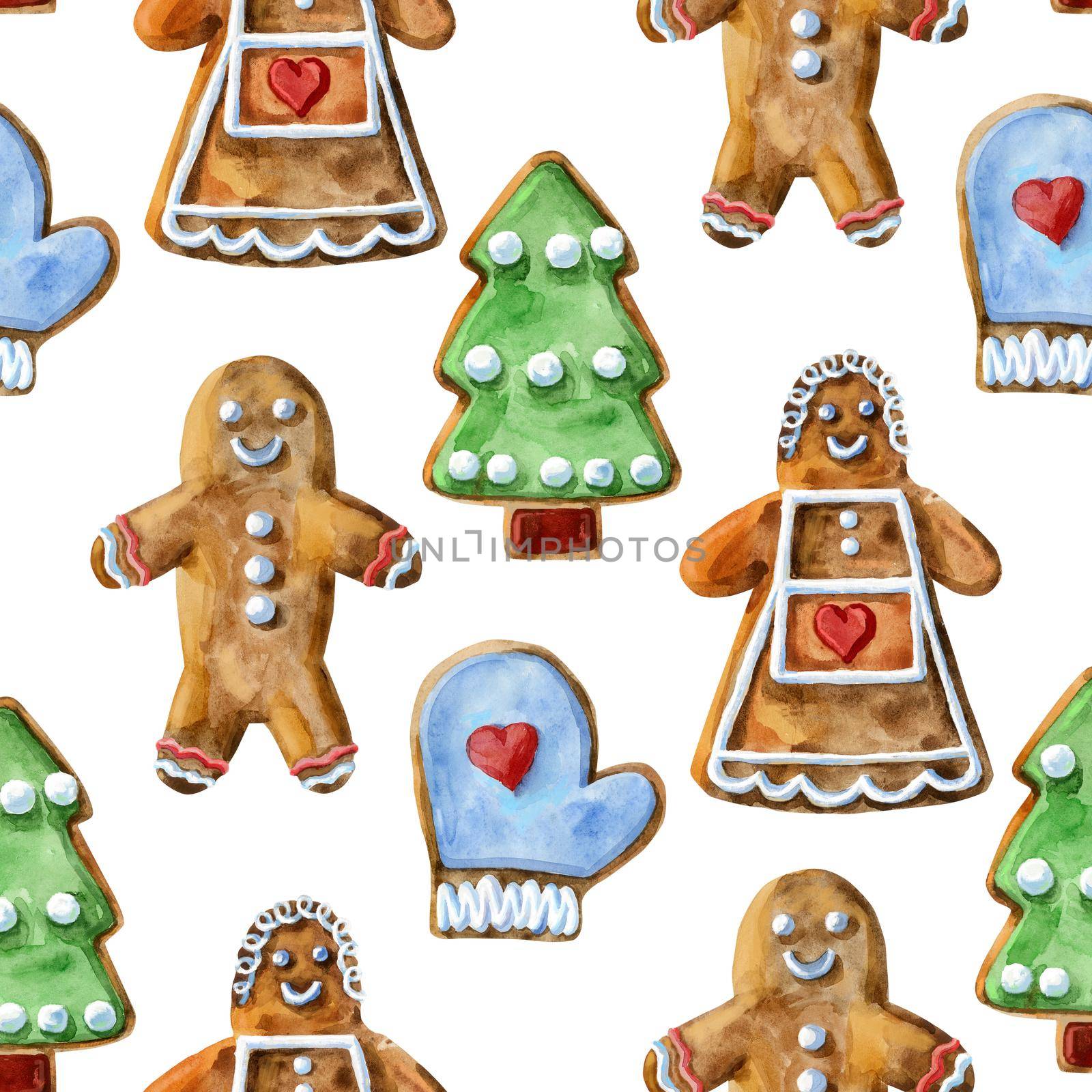 Seamless pattern. Christmas cookies on an isolated white background, watercolor illustration, sweets. by NataOmsk