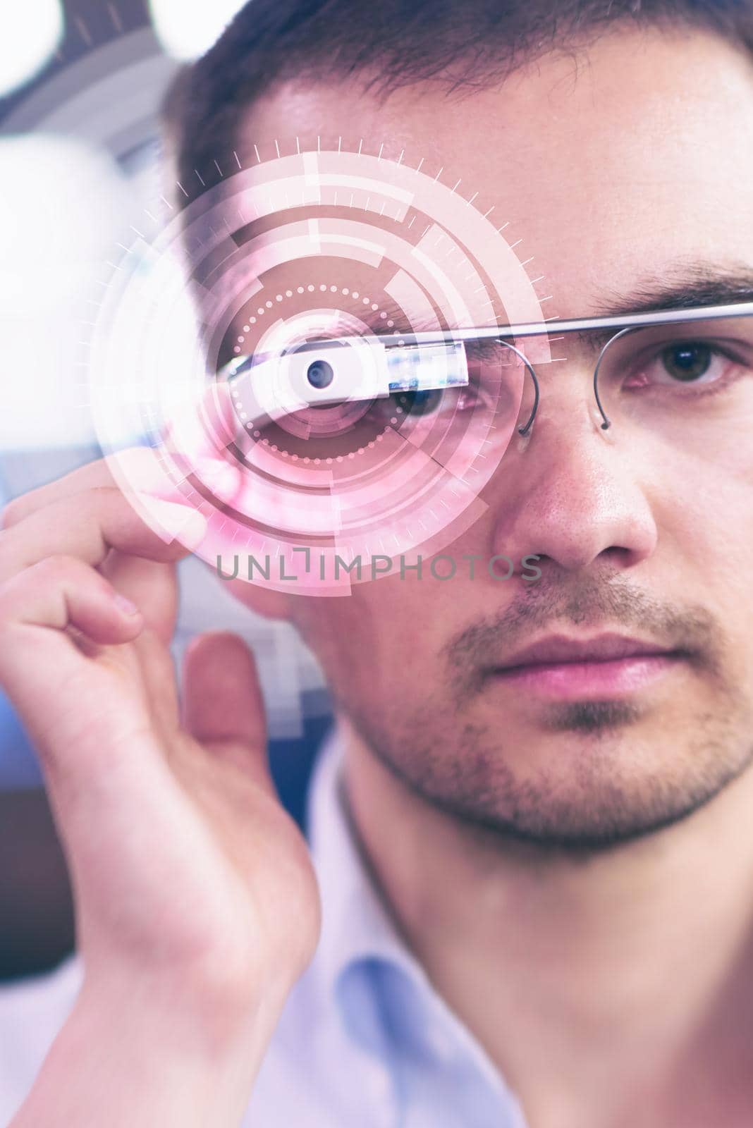 Picture of handsome programmer with futuristic glasses